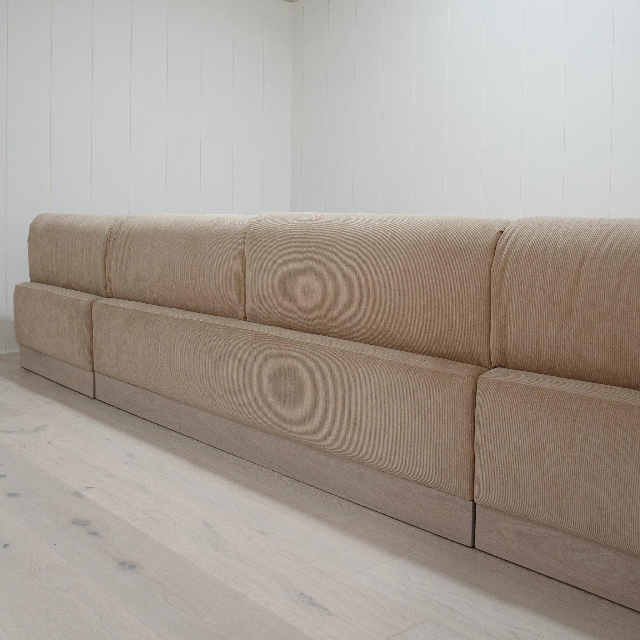 As Shown: in Mila Cashew, with Sky Hemp inside cushion; Mint White Super White finish.