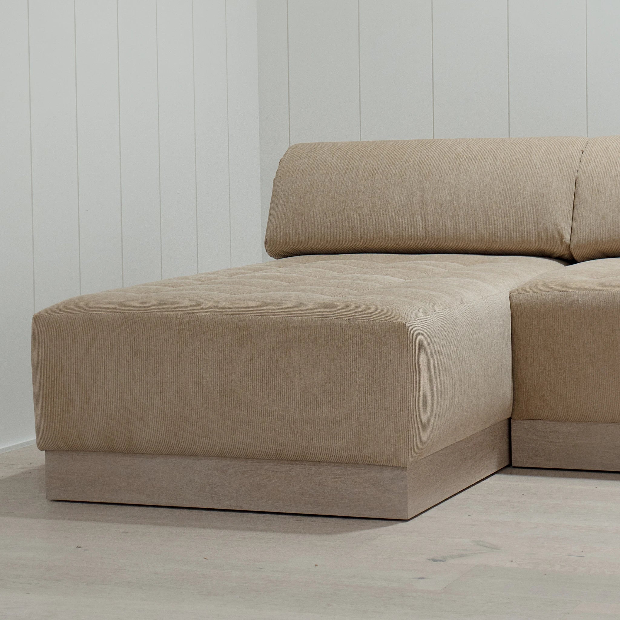 As Shown: in Mila Cashew, with Sky Hemp inside cushion; Mint White Super White finish.