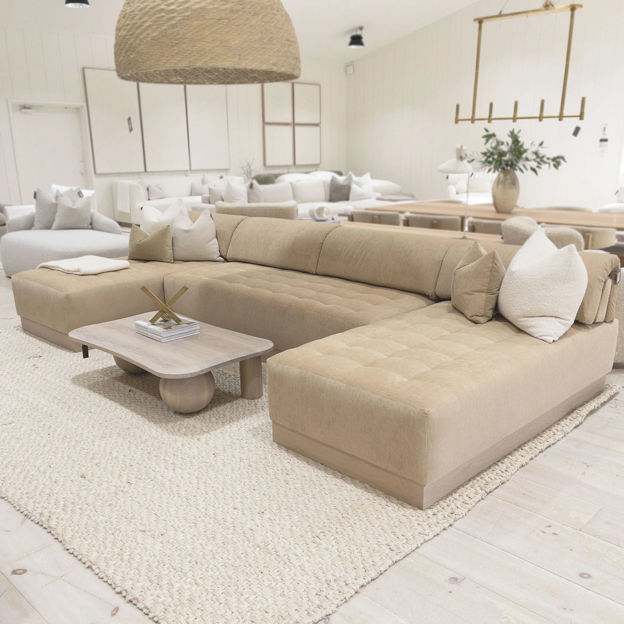 As Shown: in Mila Cashew, with Sky Hemp inside cushion; Mint White Super White finish.