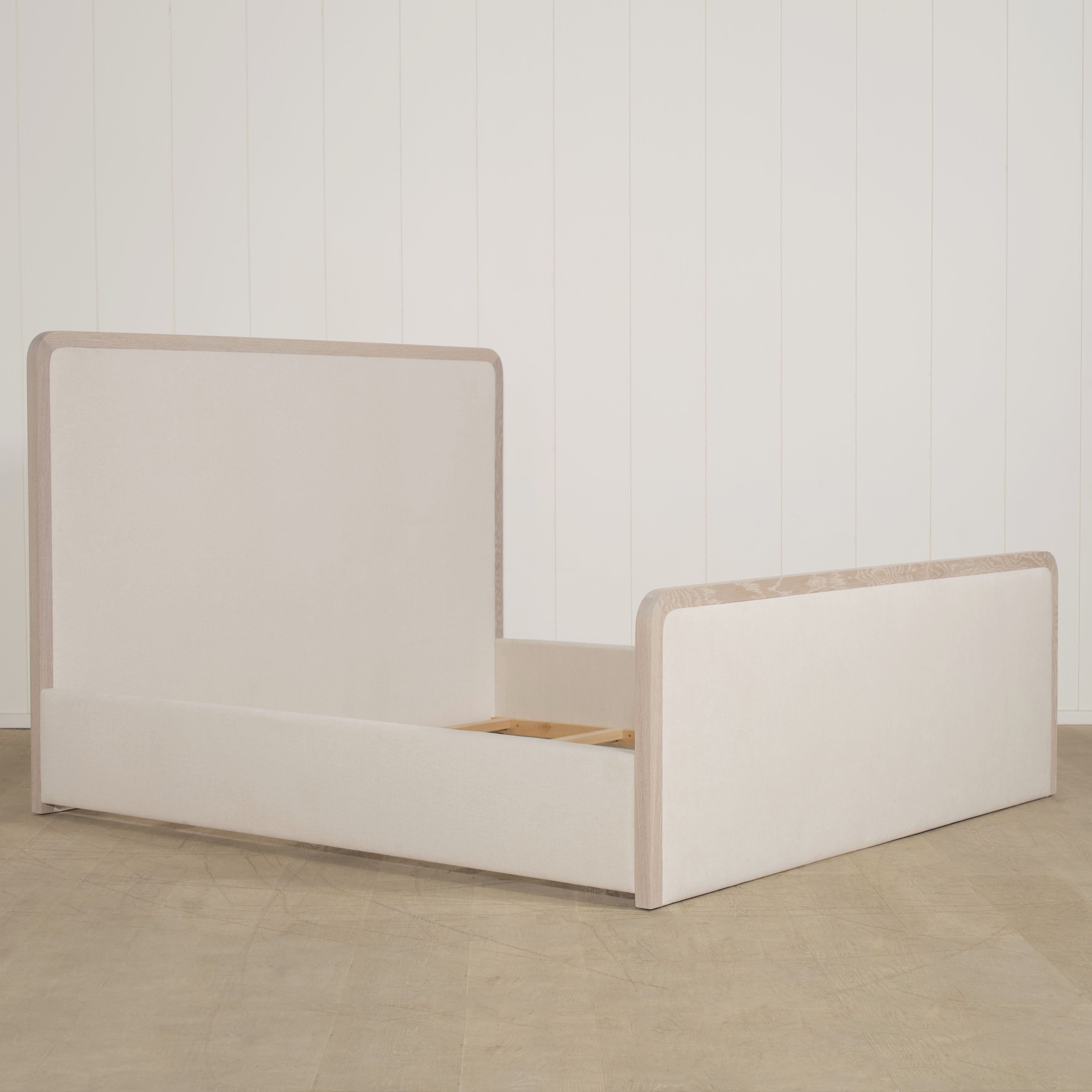 As Shown: in Parker Sand, oak finished in Mint White Super White.