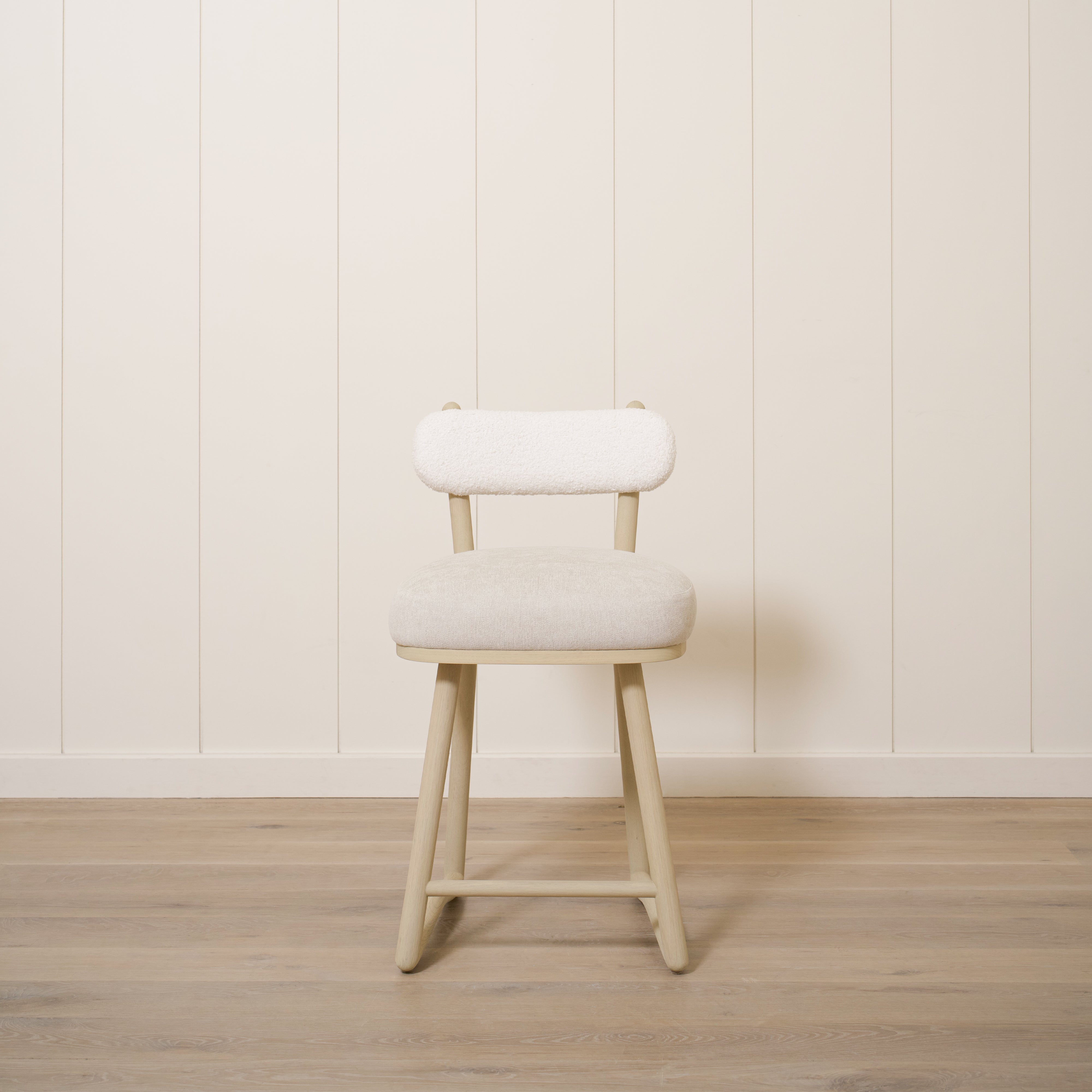 As Shown: 19"L x 21"D x 33"H | Style: Upholstered | Fabric: Peak White Back Marion Natural Seat | Finish: Sand