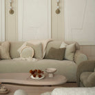 As Shown in 20x20 Canyon Sage, 14x20 Canyon Chestnut and Circle Pillow in Canyon Dune 