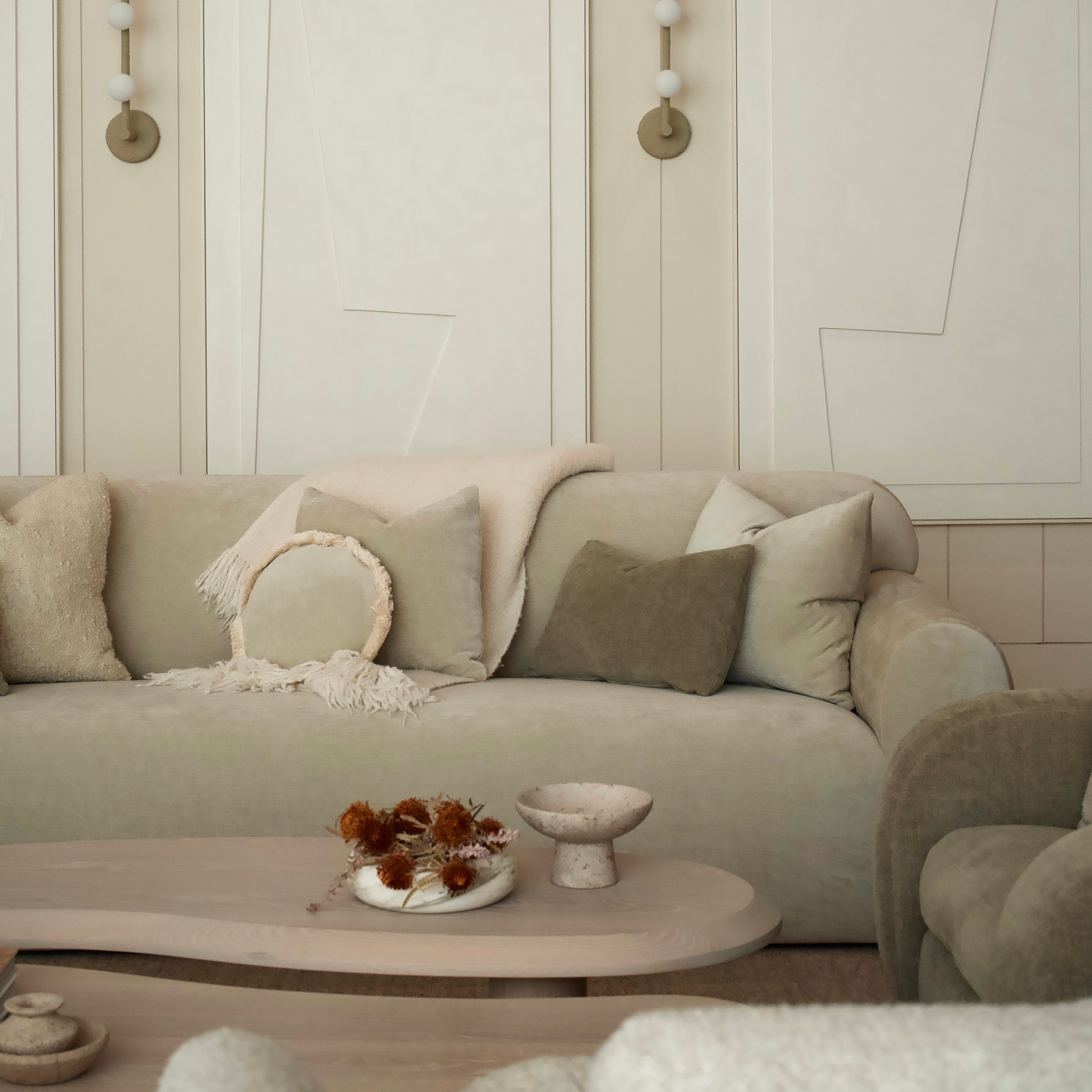 As Shown in 20x20 Canyon Sage, 14x20 Canyon Chestnut and Circle Pillow in Canyon Dune 