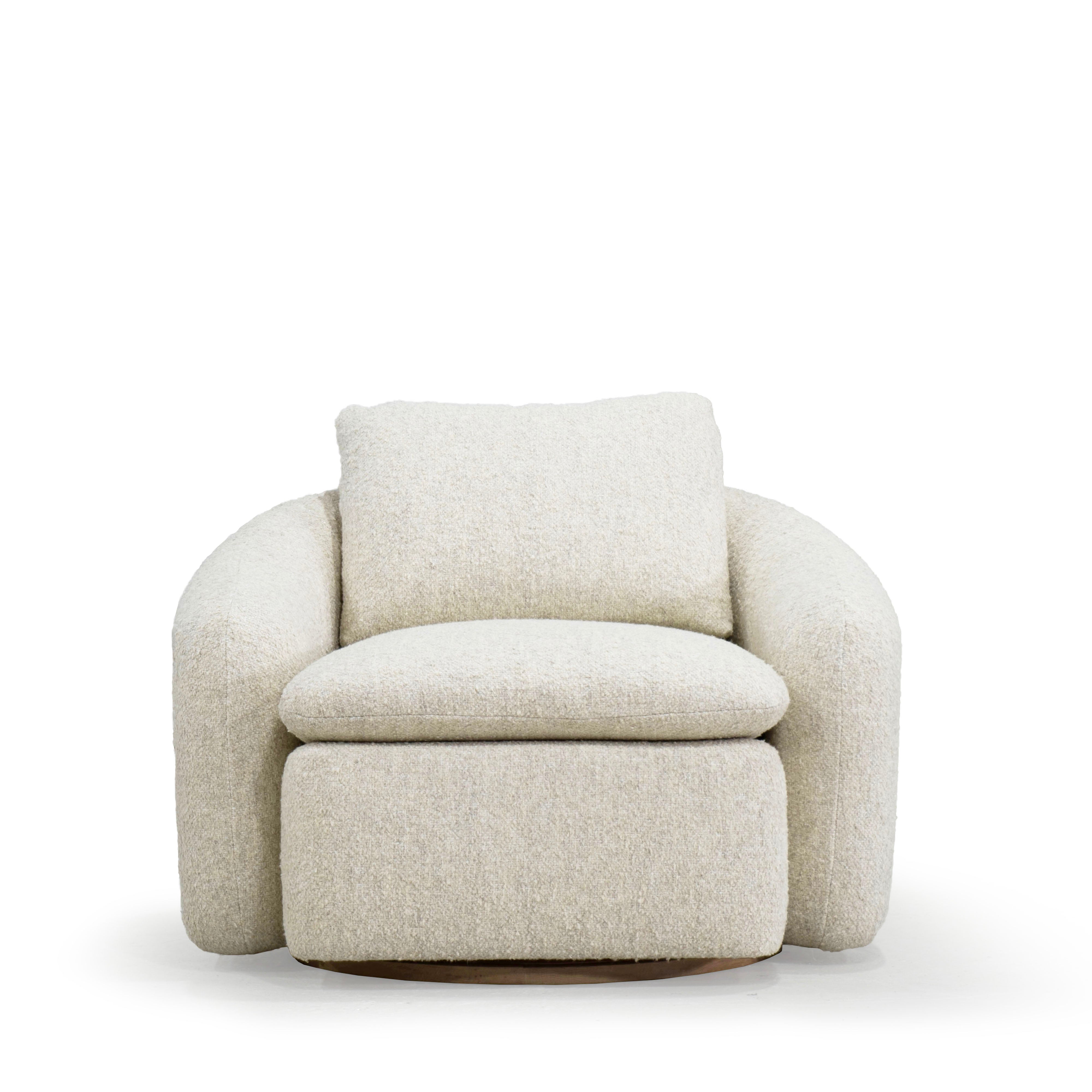 As Shown: in Berber Natural, swivel finished in Mint White Natural.