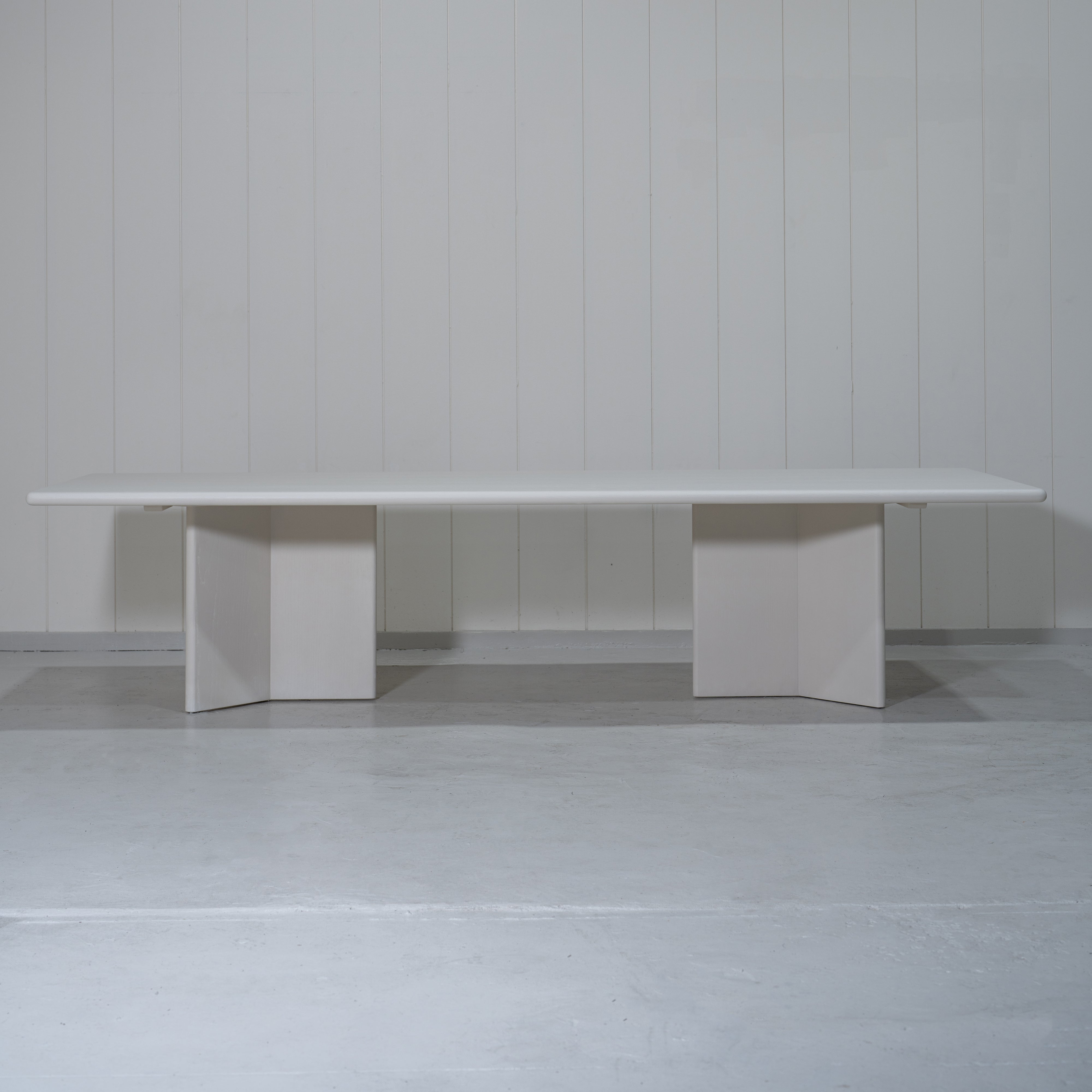 As Shown: 132"W x 48"D x 30"H | Material: Solid Oak | Finish: Wire Brushed EdgeComb Grey | Edge: Bullnose