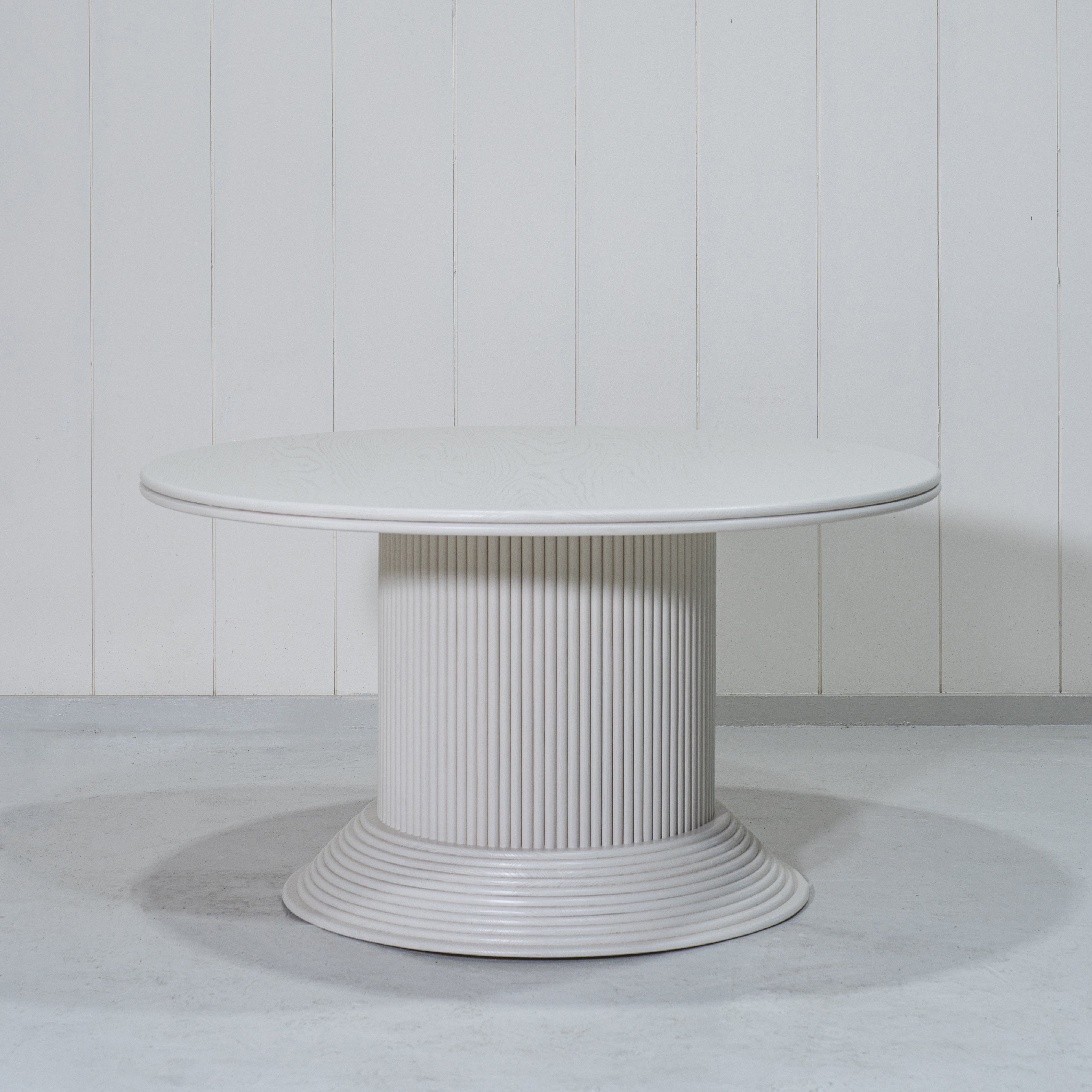 As Shown: 58"Dia x 30"H | Material: Solid Oak | Edge: Double Bullnosed | Base: Reeded  | Finish: WireBrushed Painted EdgeComb Grey