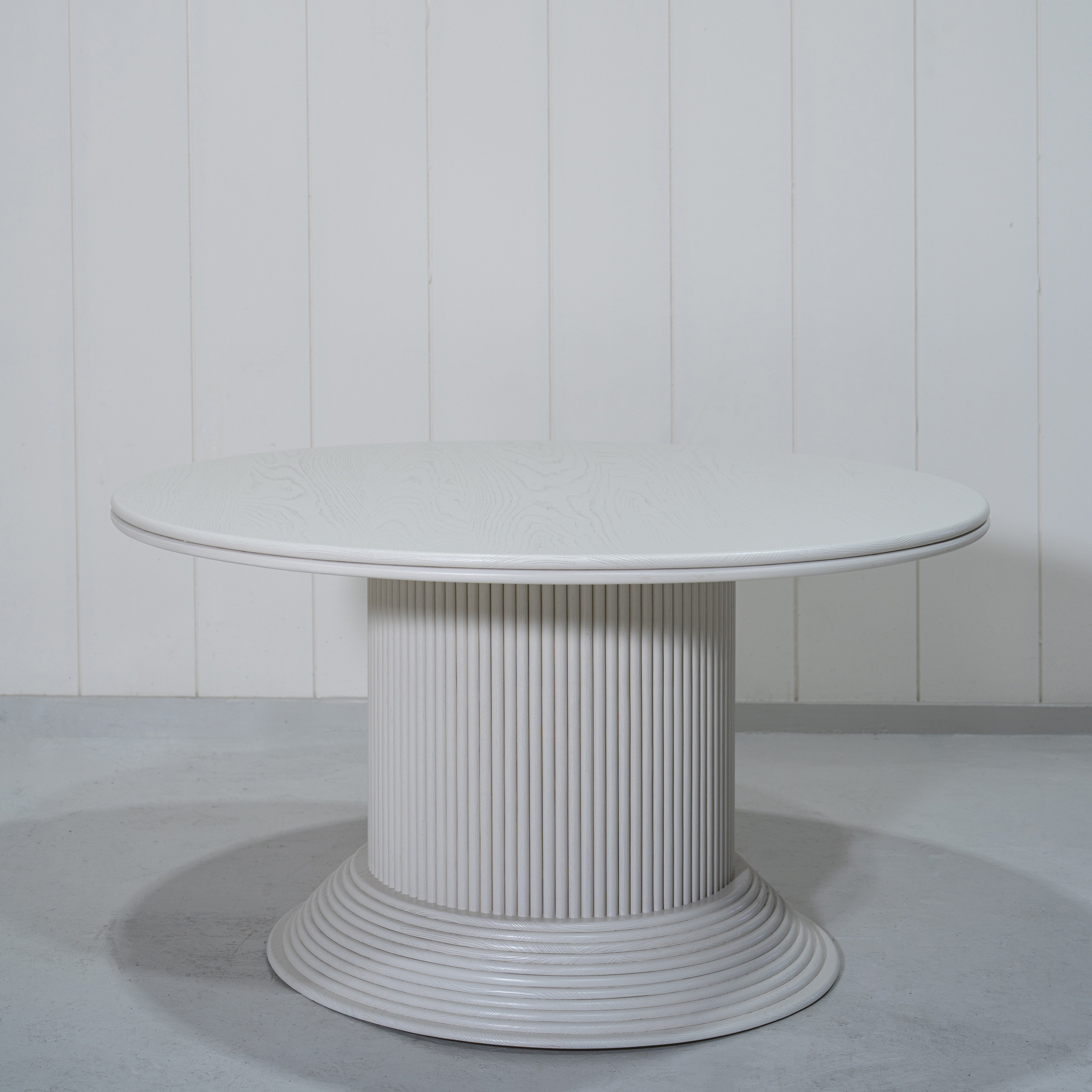 As Shown: 58"Dia x 30"H | Material: Solid Oak | Edge: Double Bullnosed | Base: Reeded  | Finish: WireBrushed Painted EdgeComb Grey