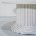 As Shown: 58"Dia x 30"H | Material: Solid Oak | Edge: Double Bullnosed | Base: Reeded  | Finish: WireBrushed Painted EdgeComb Grey