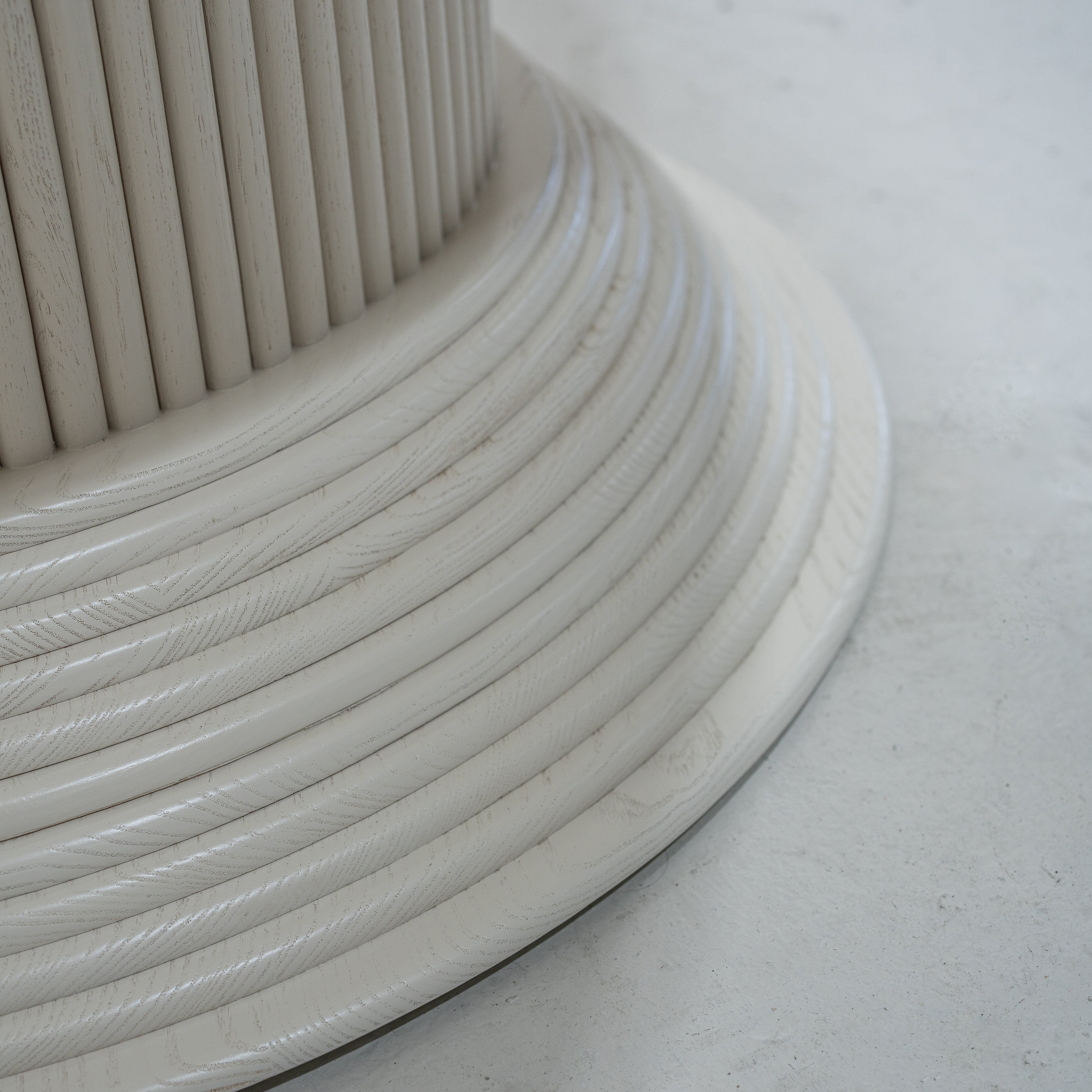 As Shown: 58"Dia x 30"H | Material: Solid Oak | Edge: Double Bullnosed | Base: Reeded  | Finish: WireBrushed Painted EdgeComb Grey