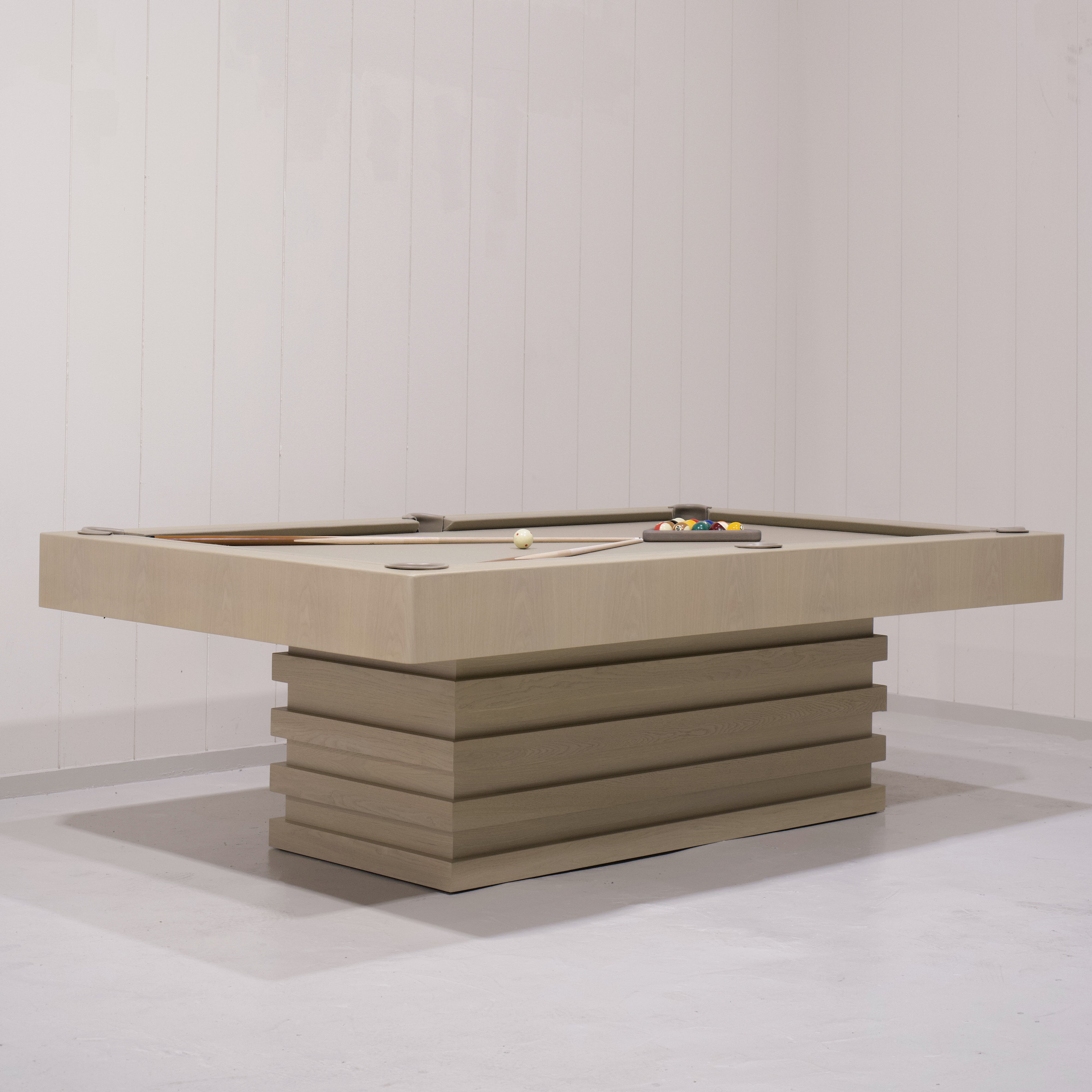 As Shown:  105”L x 62.5”D x 34”H | Material: Solid and Engineered Oak | Finish: Natural & Beige Pockets
