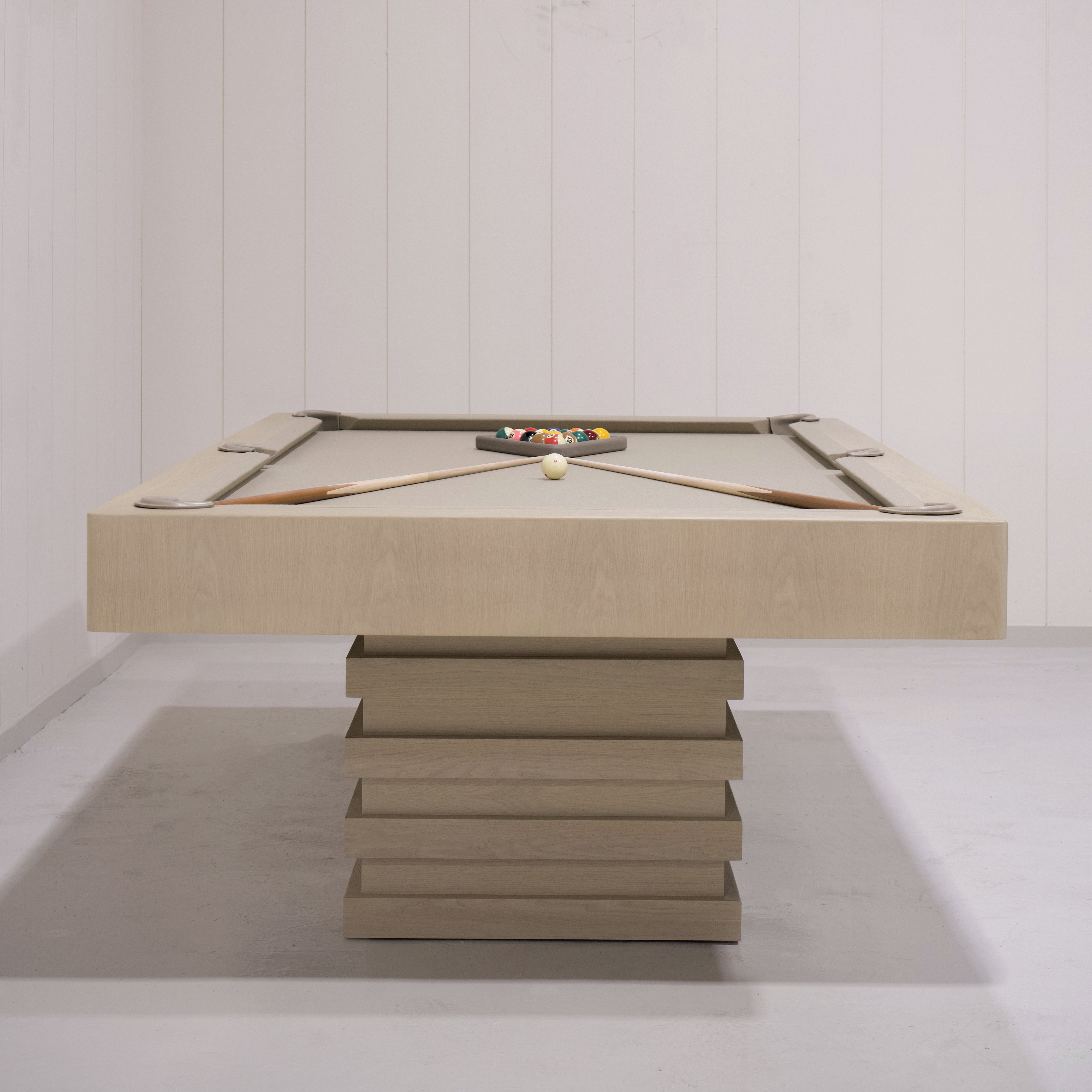 As Shown:  105”L x 62.5”D x 34”H | Material: Solid and Engineered Oak | Finish: Natural & Beige Pockets