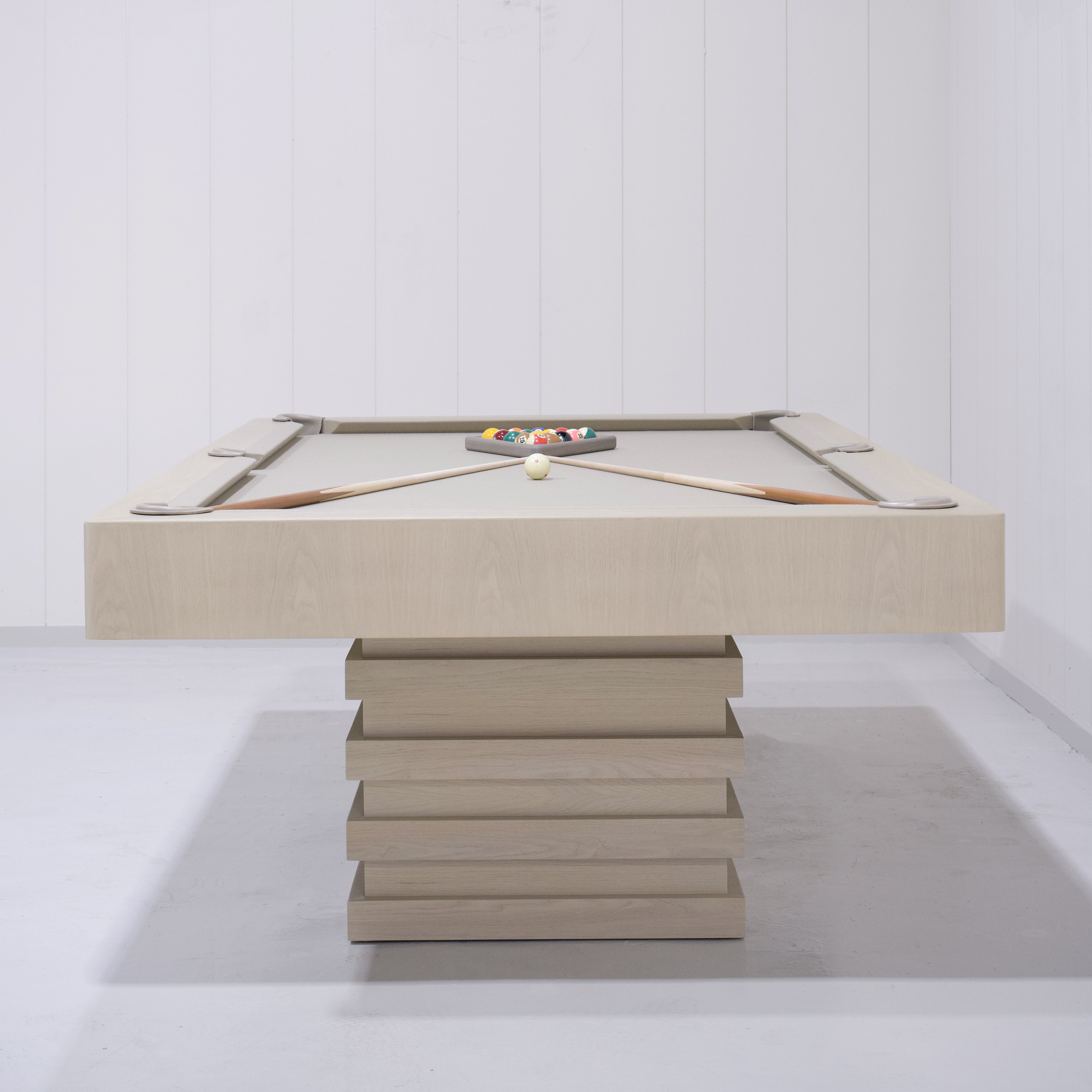 As Shown:  105”L x 62.5”D x 34”H | Material: Solid and Engineered Oak | Finish: Shell & Beige Pockets