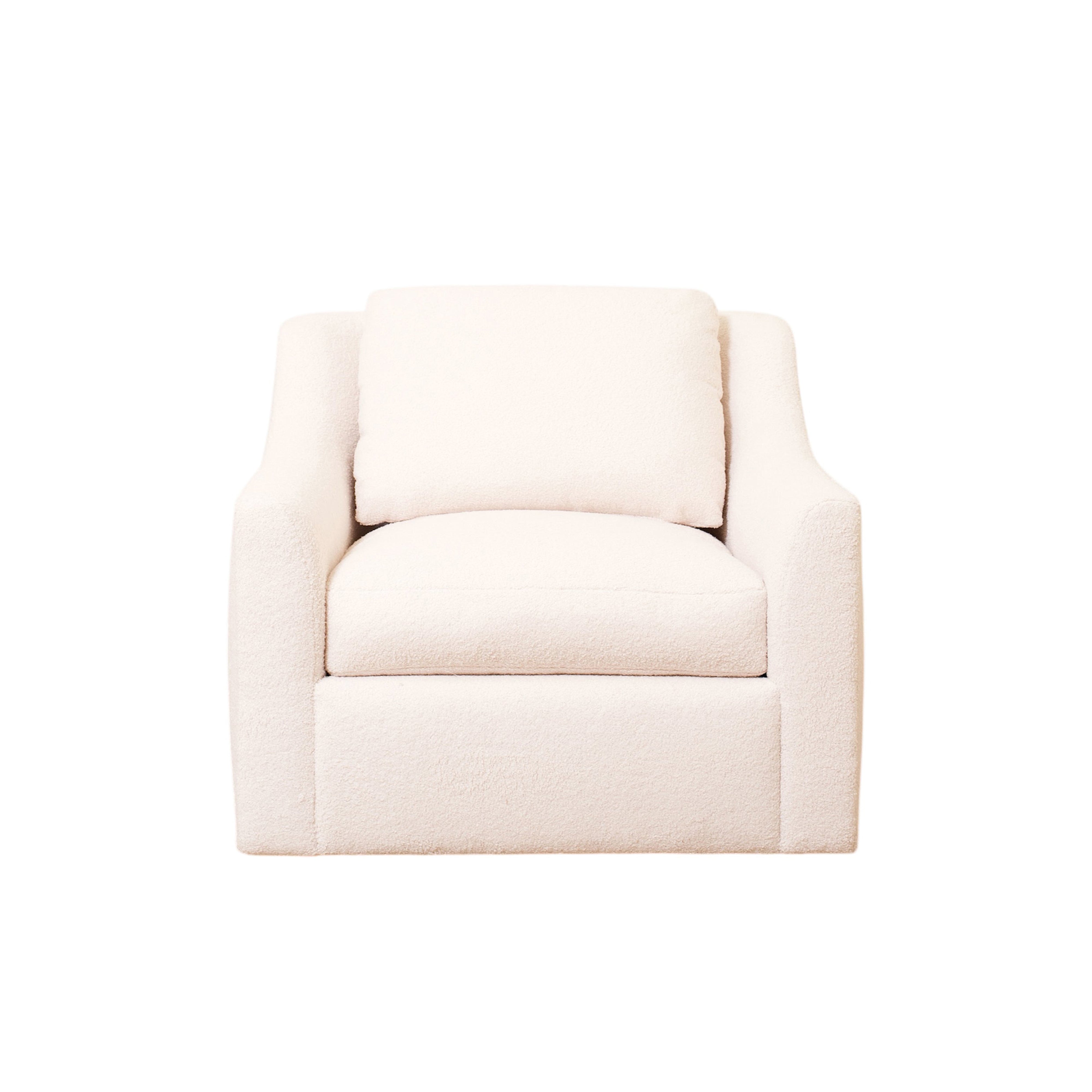 As Shown: 40"L x 39"D x 33"H | Style: Upholstered | Fabric: Teddy Ivory | Base: Swivel | Finish: N/A 