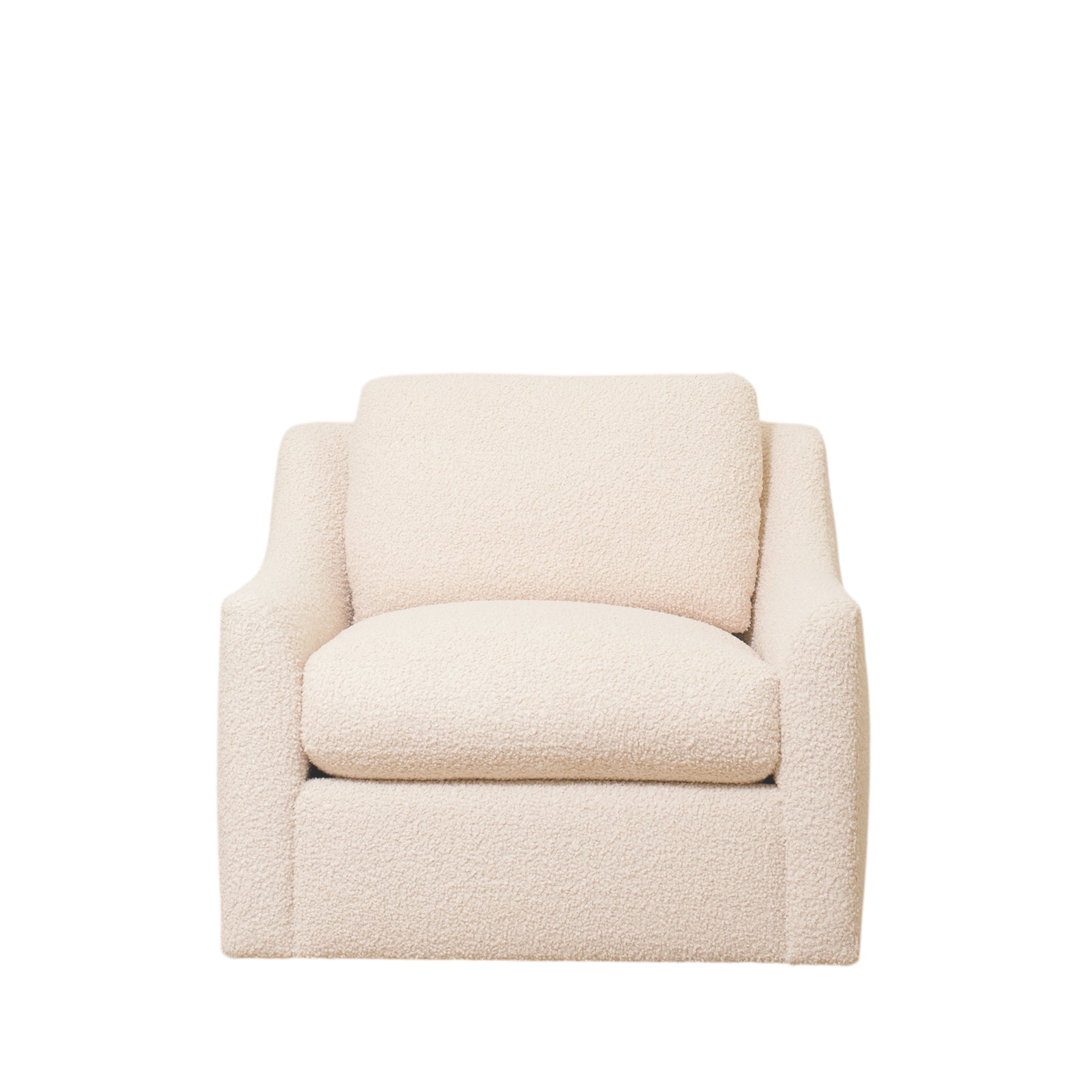 As Shown: Upholstered in Teddy Ivory, swivel.