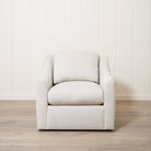 As Shown: 35"L x 39"D x 33"H | Style: Upholstered | Fabric: Marion Natural | Base: Swivel | Finish: N/A 