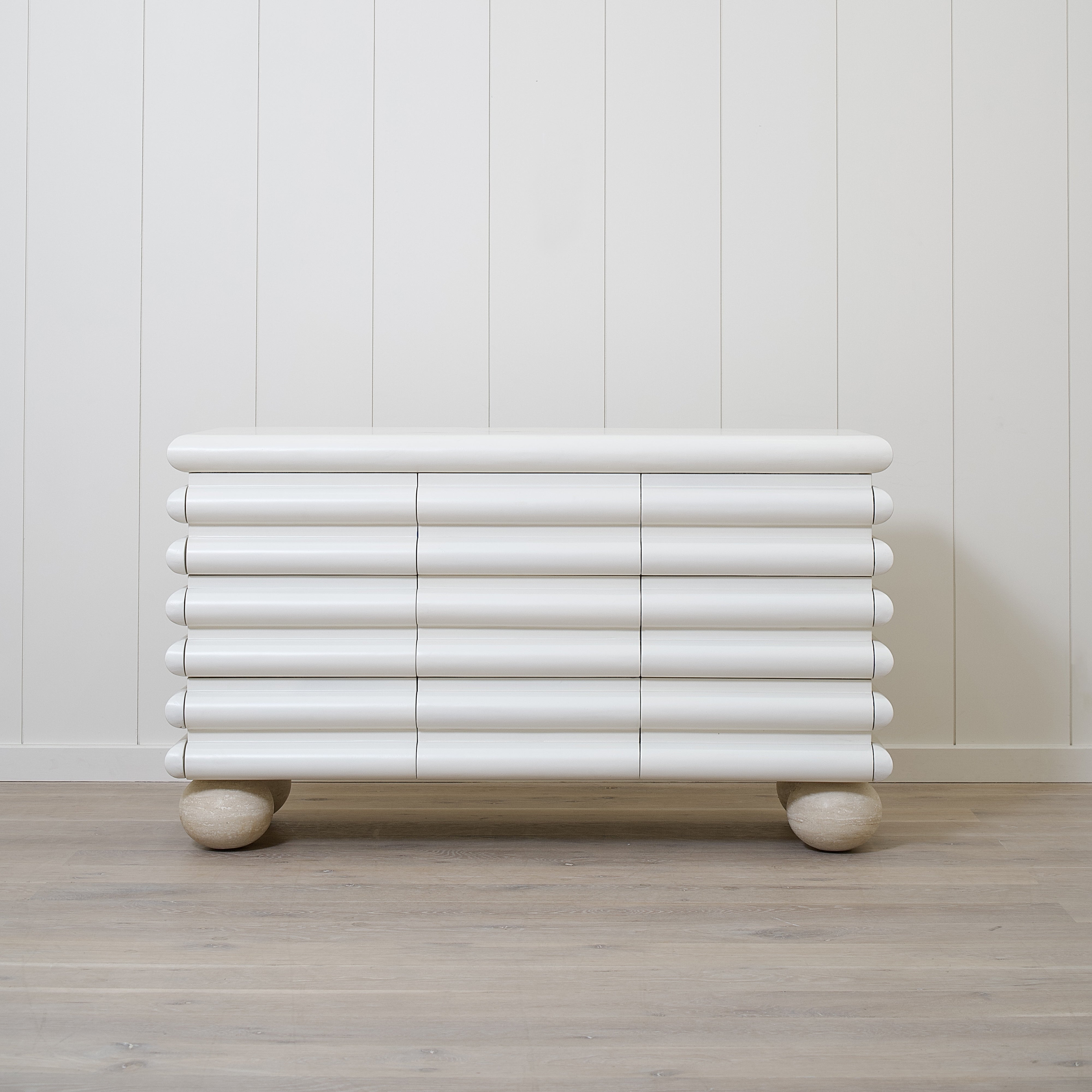 As Shown: Custom Limestone painted EdgeComb Grey, Beige Travertine ball legs
