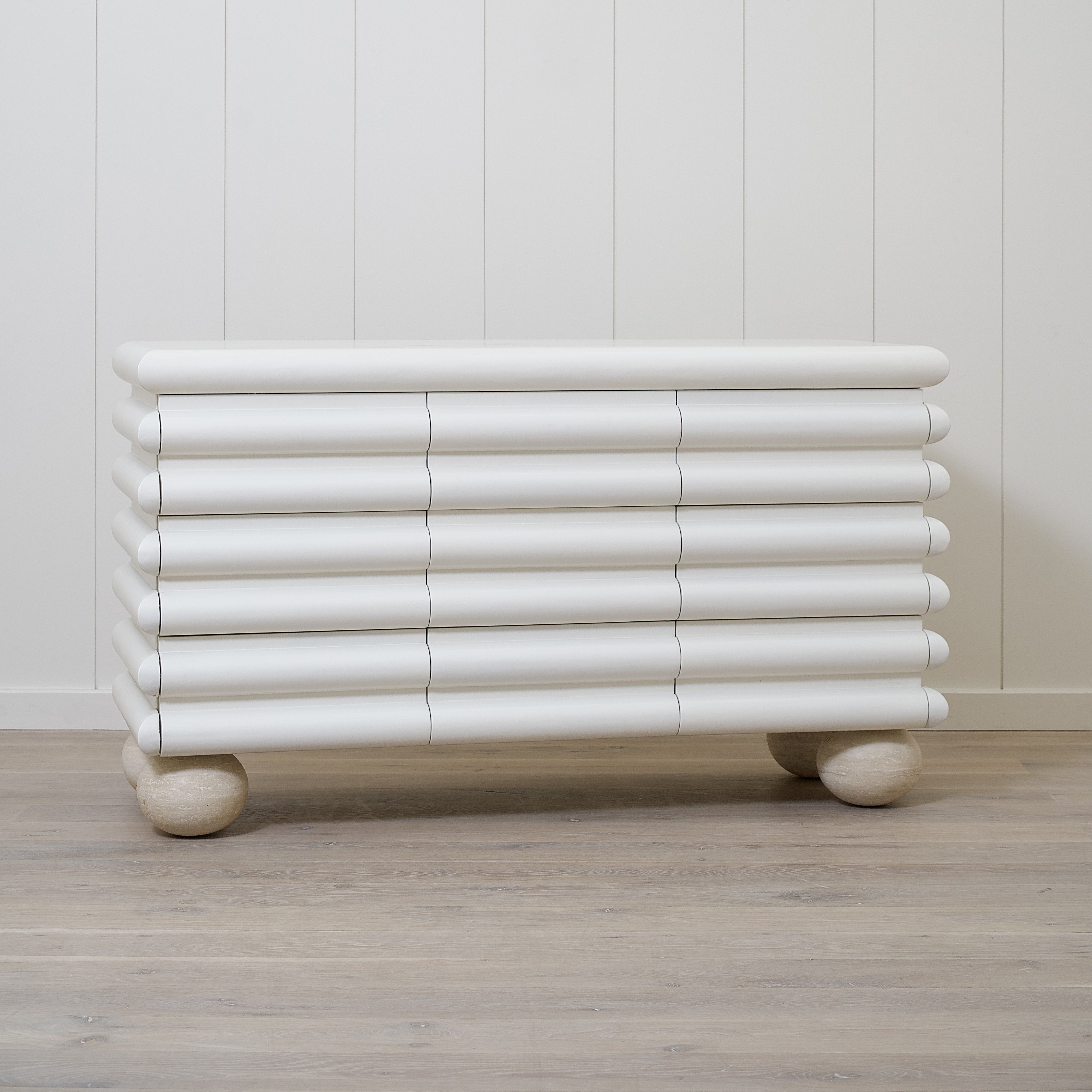 As Shown: Custom Limestone painted EdgeComb Grey, Beige Travertine ball legs