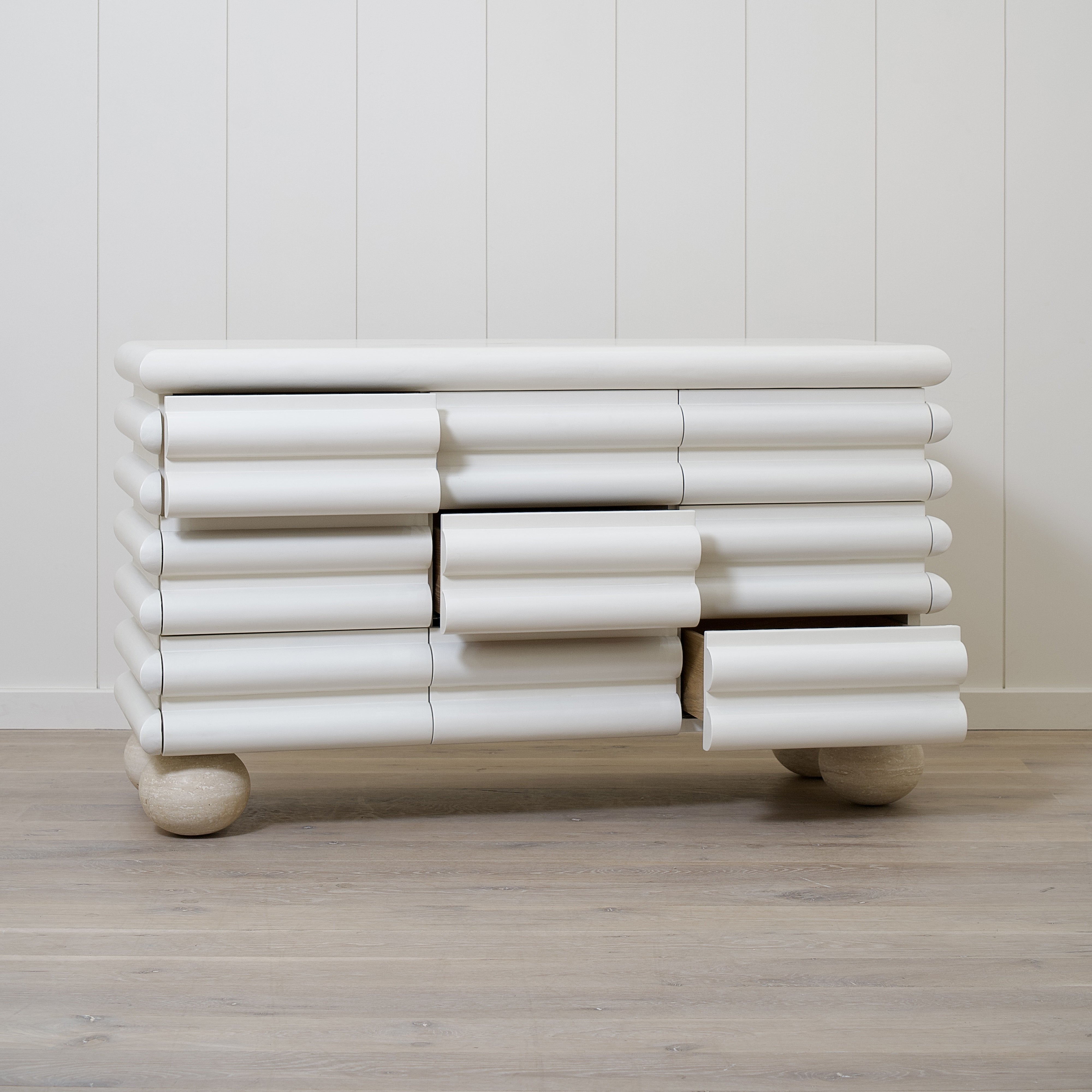 As Shown: Custom Limestone painted EdgeComb Grey, Beige Travertine ball legs