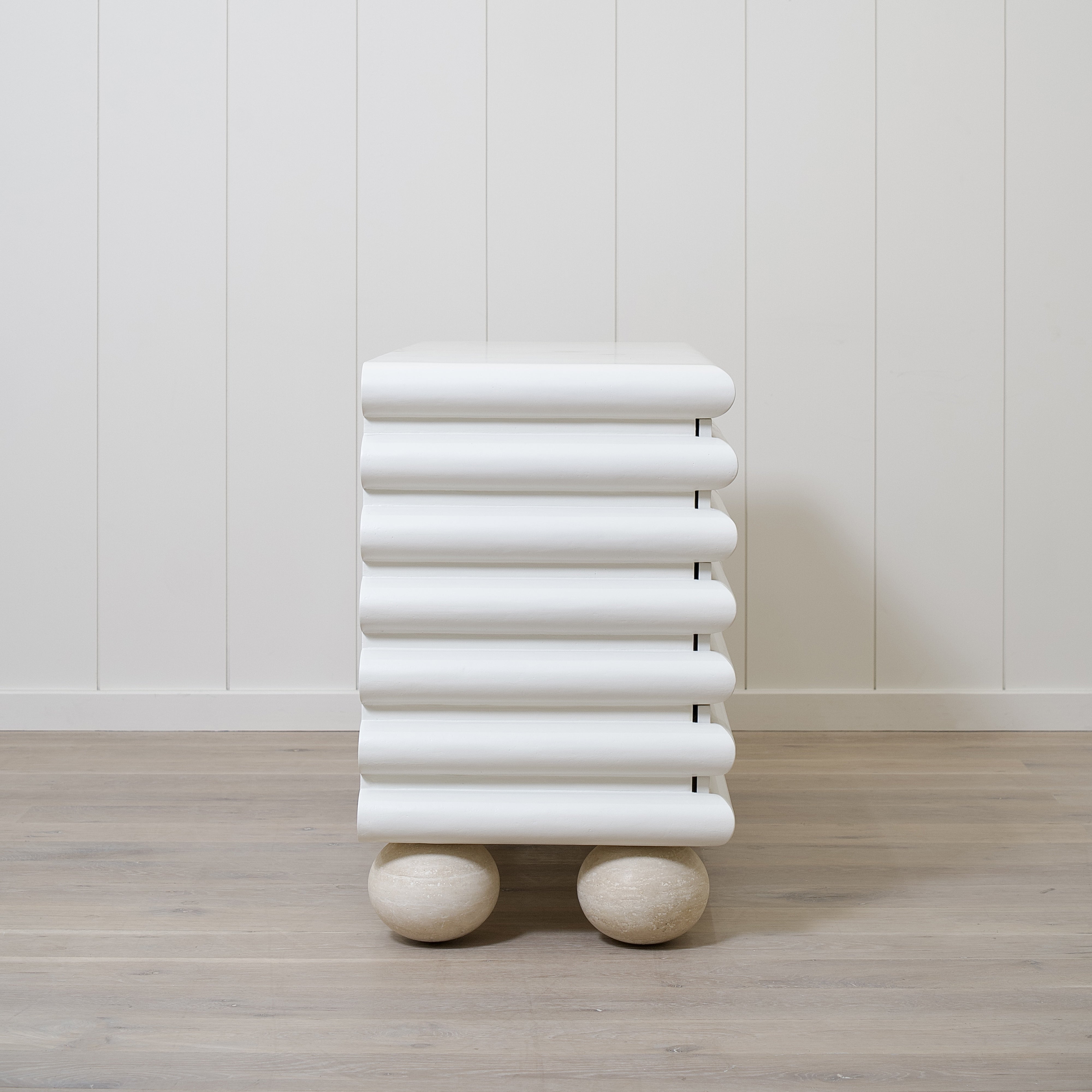 As Shown: Custom Limestone painted EdgeComb Grey, Beige Travertine ball legs