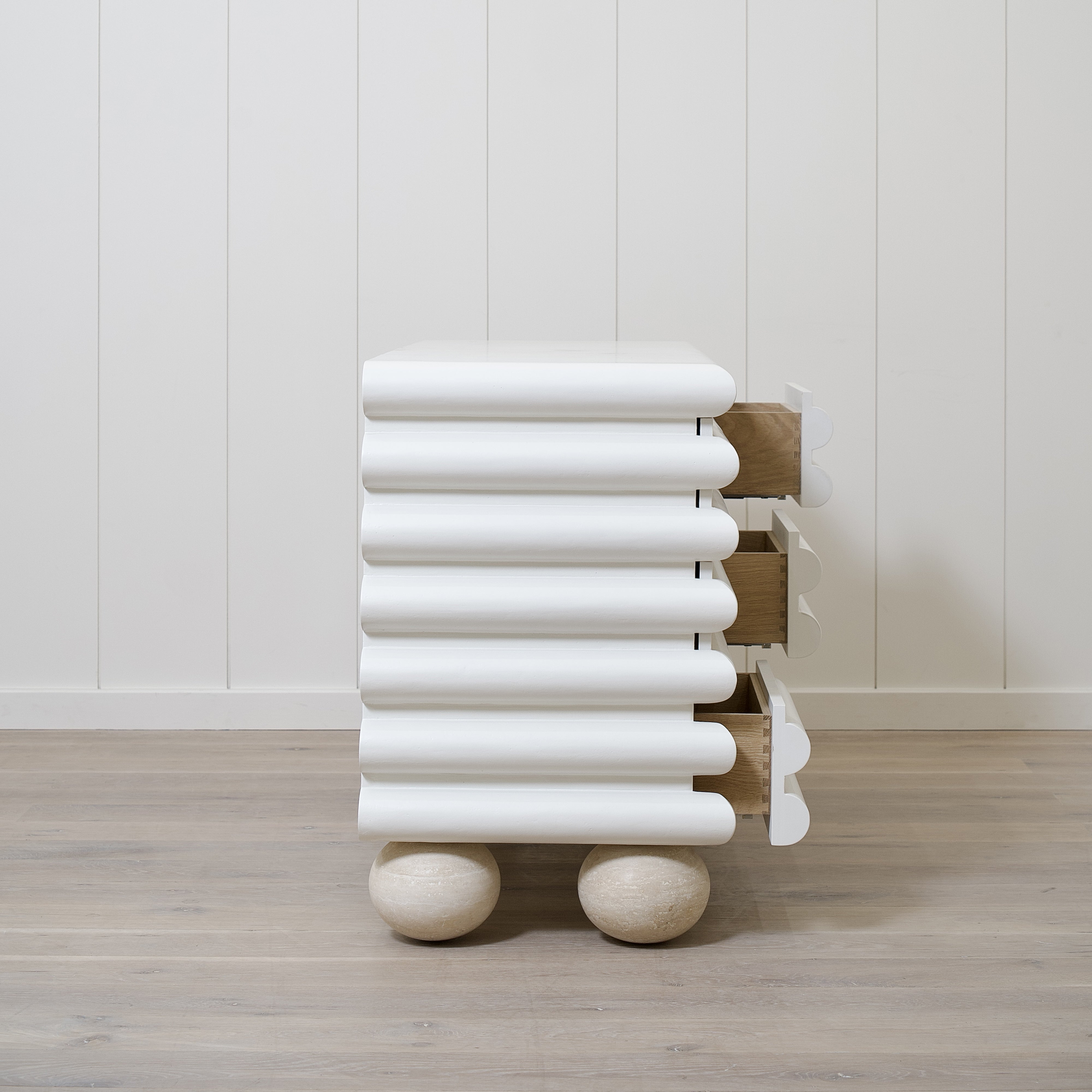 As Shown: Custom Limestone painted EdgeComb Grey, Beige Travertine ball legs
