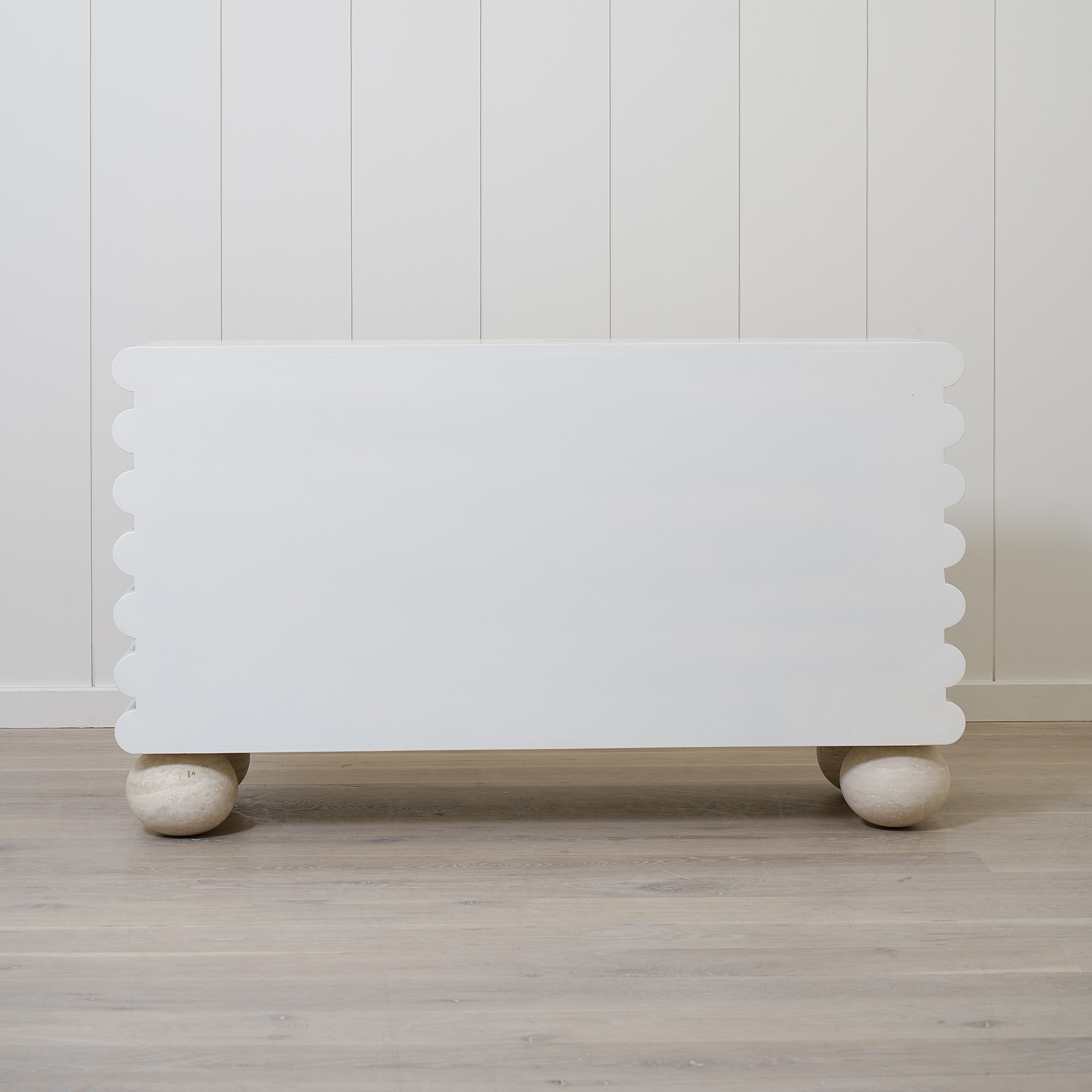 As Shown: Custom Limestone painted EdgeComb Grey, Beige Travertine ball legs