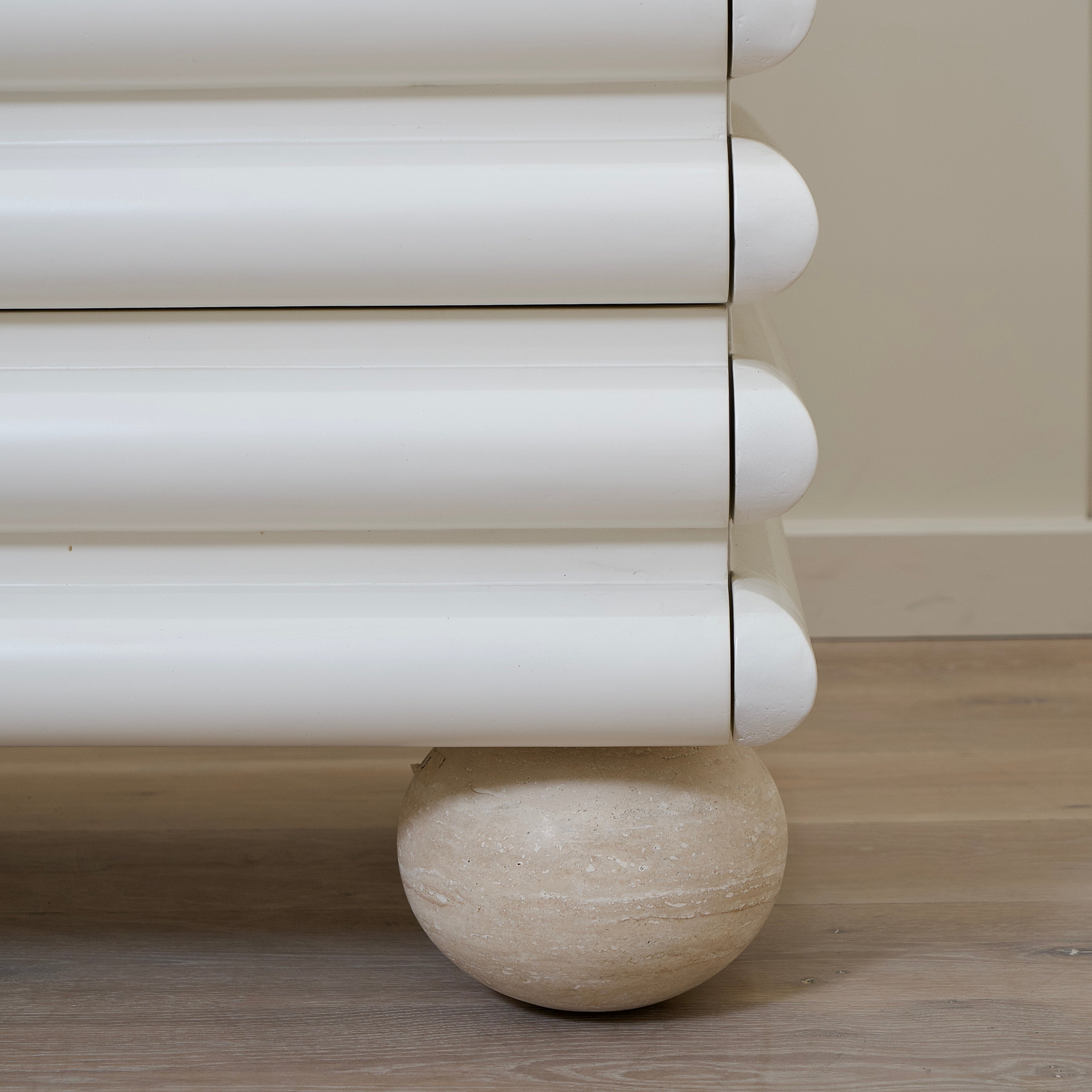 As Shown: Custom Limestone painted EdgeComb Grey, Beige Travertine ball legs