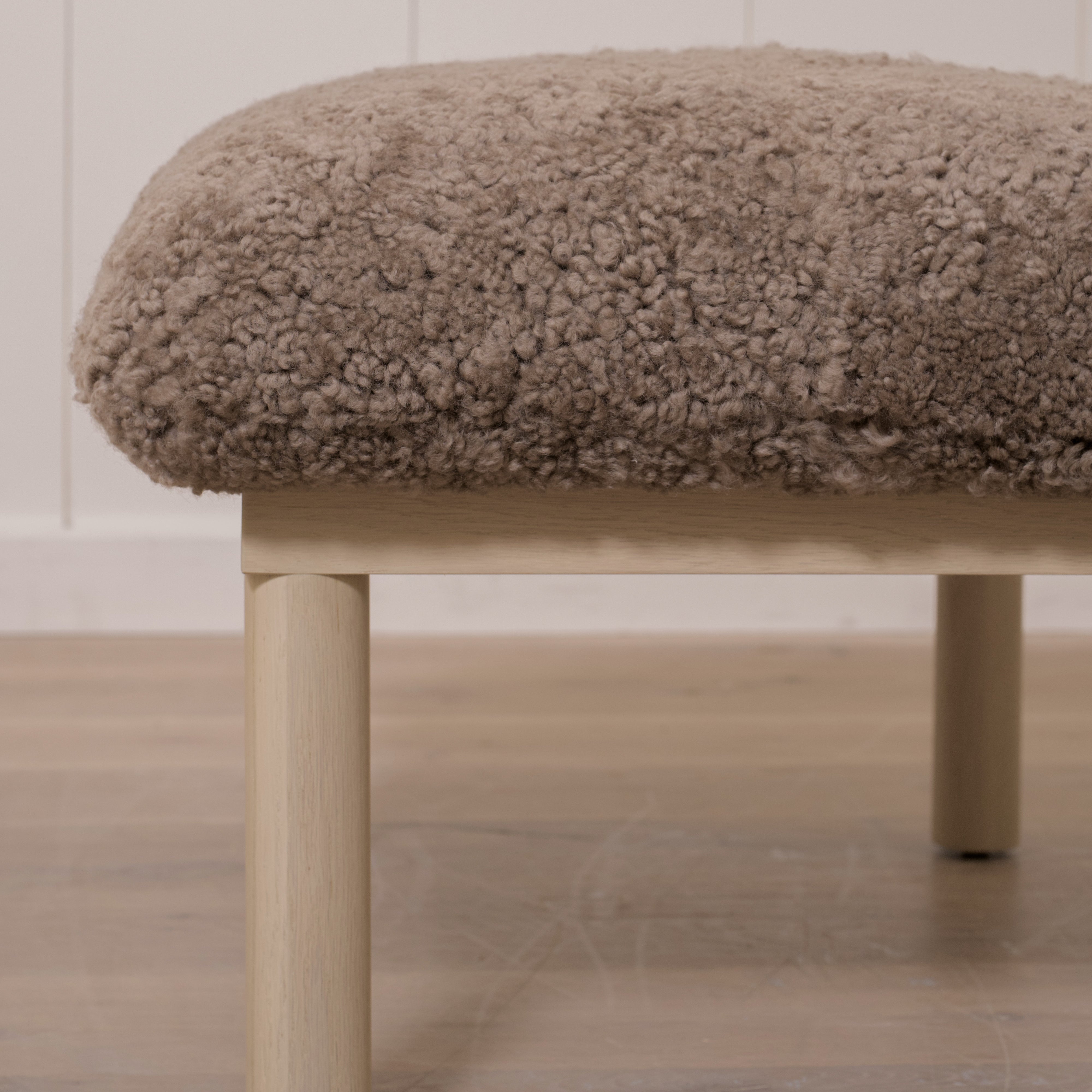 As Shown: 29"W x 22"H x 18"H | Fabric: Shearling | Material: Solid & Engineered Oak | Finish: Sand