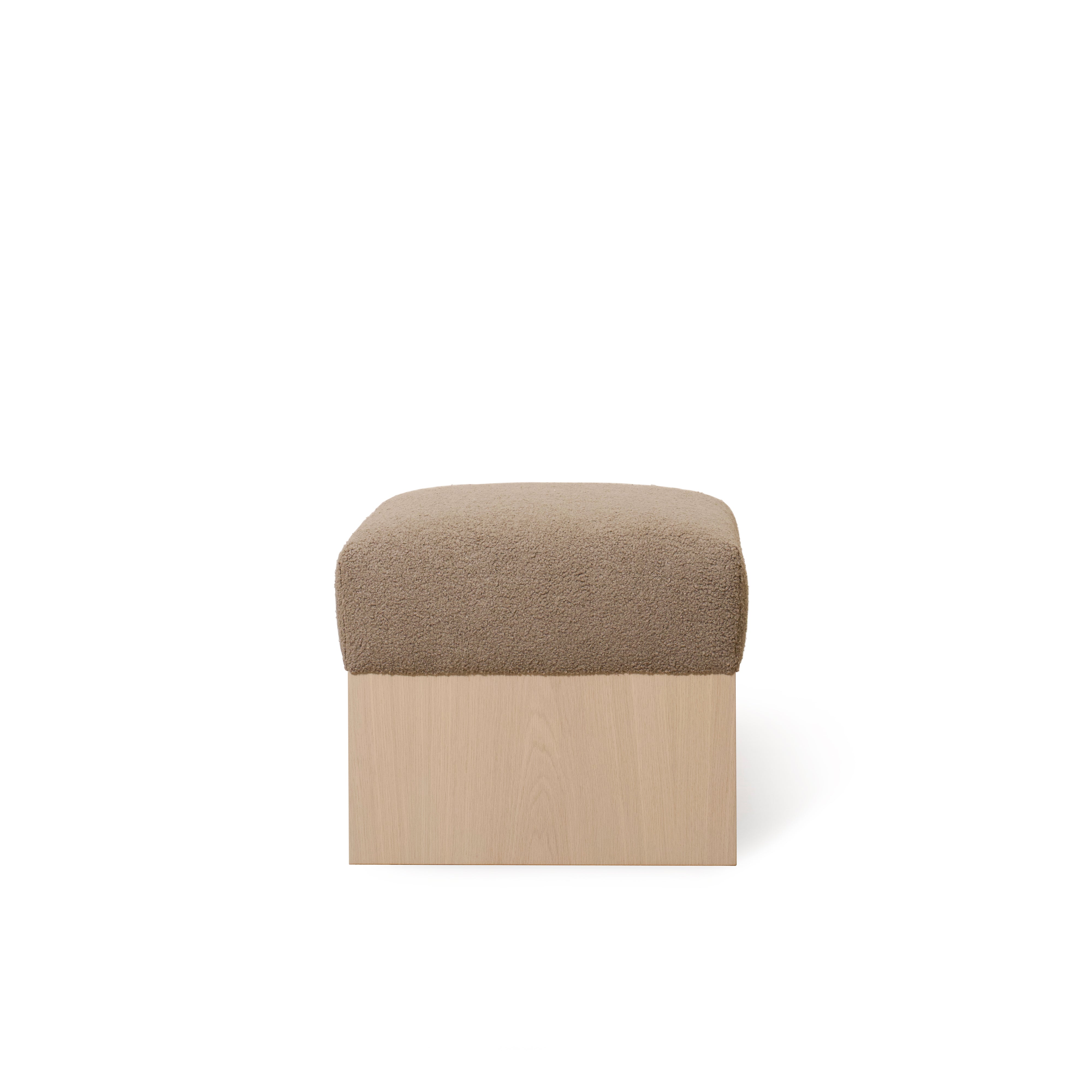 As Shown: 21"L x 21"D x 18"H | Fabric: Peak Cocoa | Material: Solid & Engineered Oak | Finish: Sand