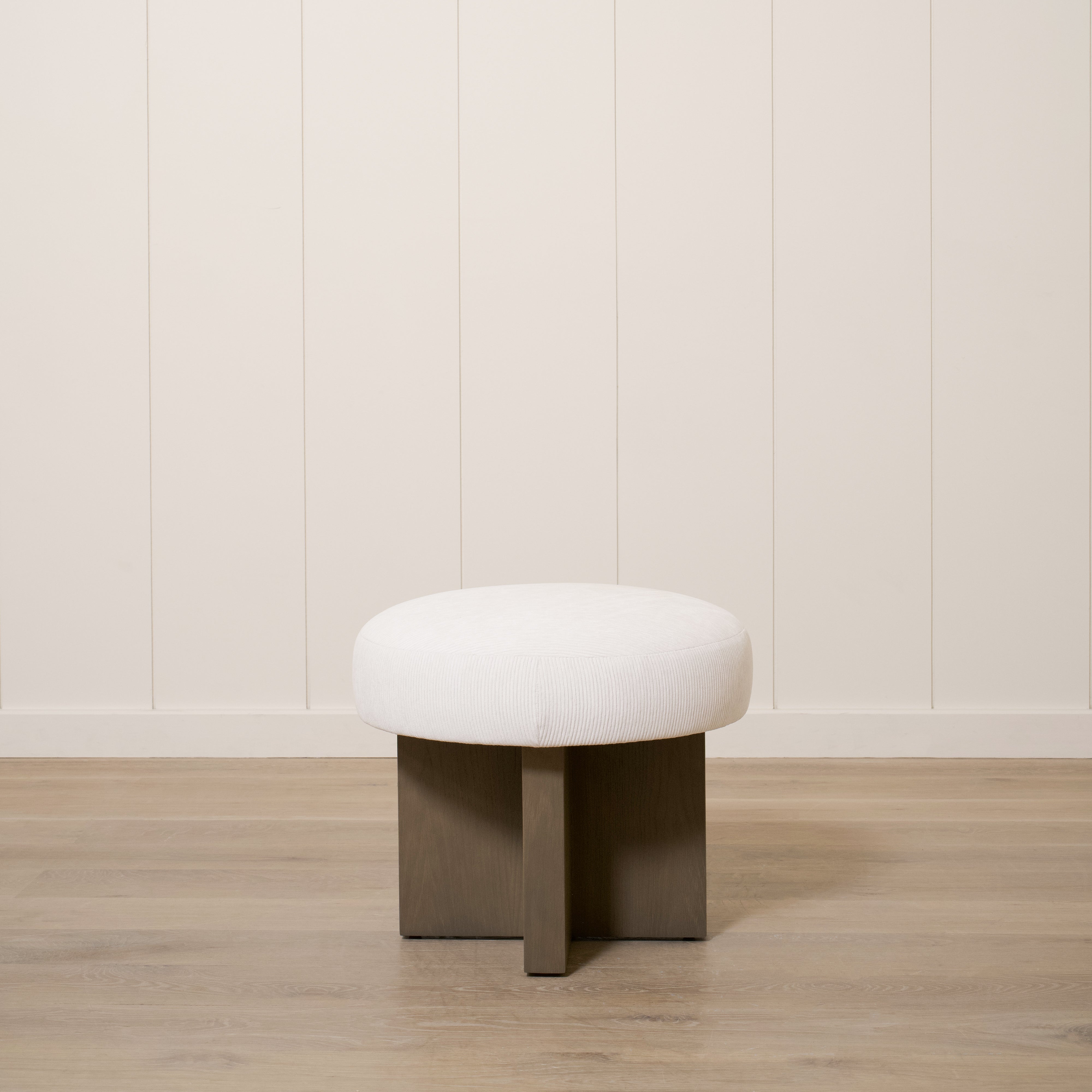 As Shown: 21"Dia x 19"H | Fabric: Mila Sugar | Material: Solid & Engineered Oak | Finish: Chestnut