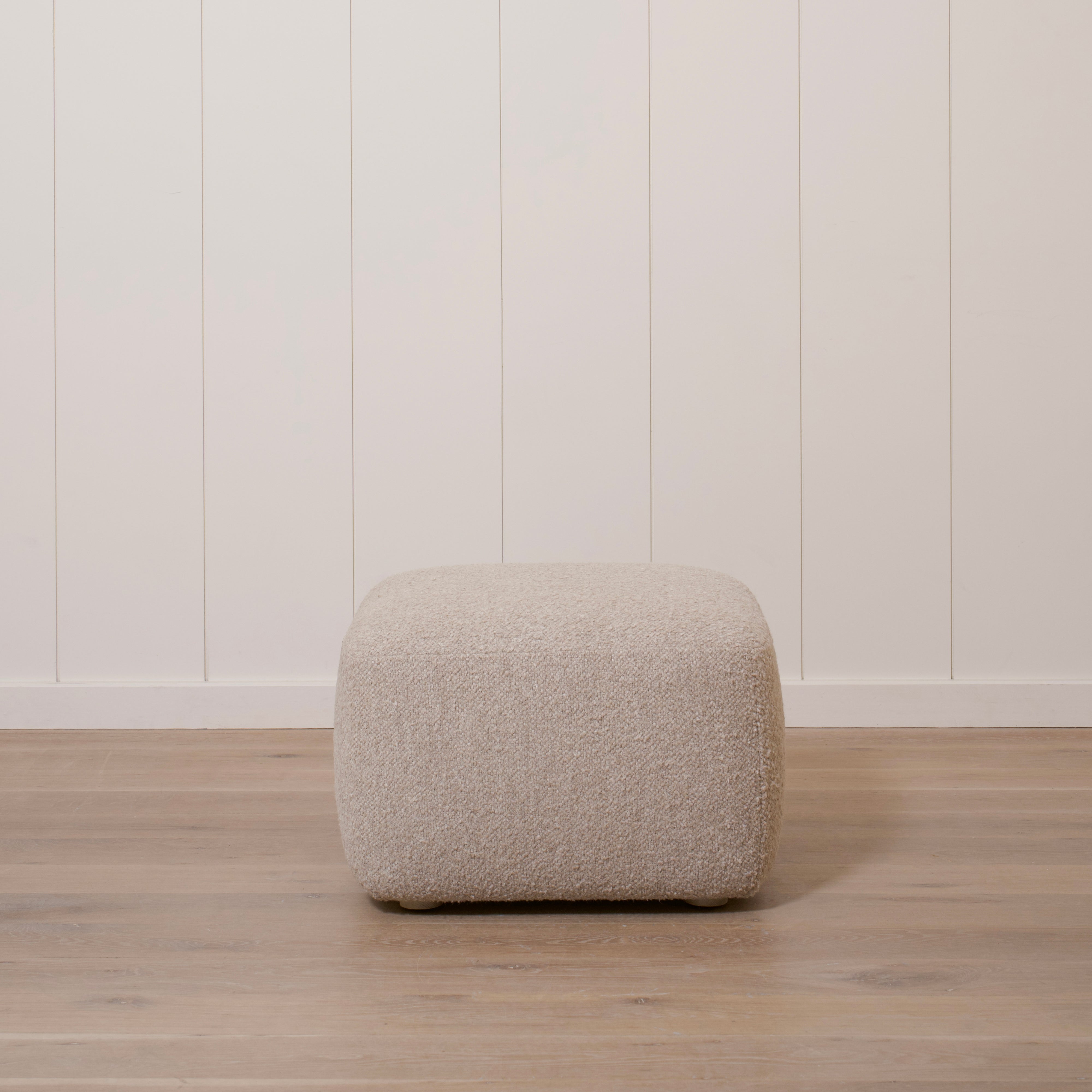 As Shown: 26"L x 26"D x 18"H | Fabric: Berber Taupe | Material: Solid & Engineered Oak | Finish: Sand