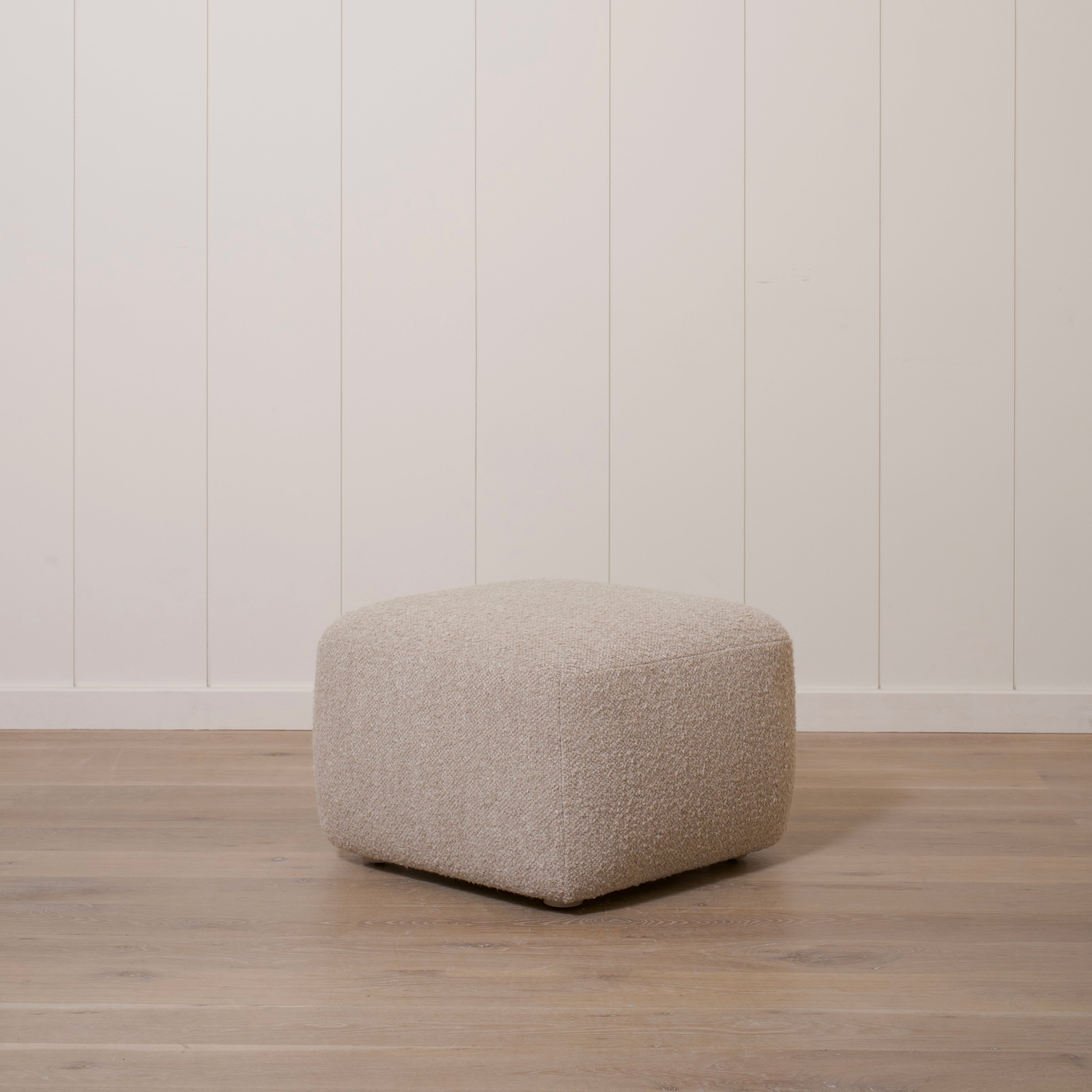 As Shown: 26"L x 26"D x 18"H | Fabric: Berber Taupe | Material: Solid & Engineered Oak | Finish: Sand