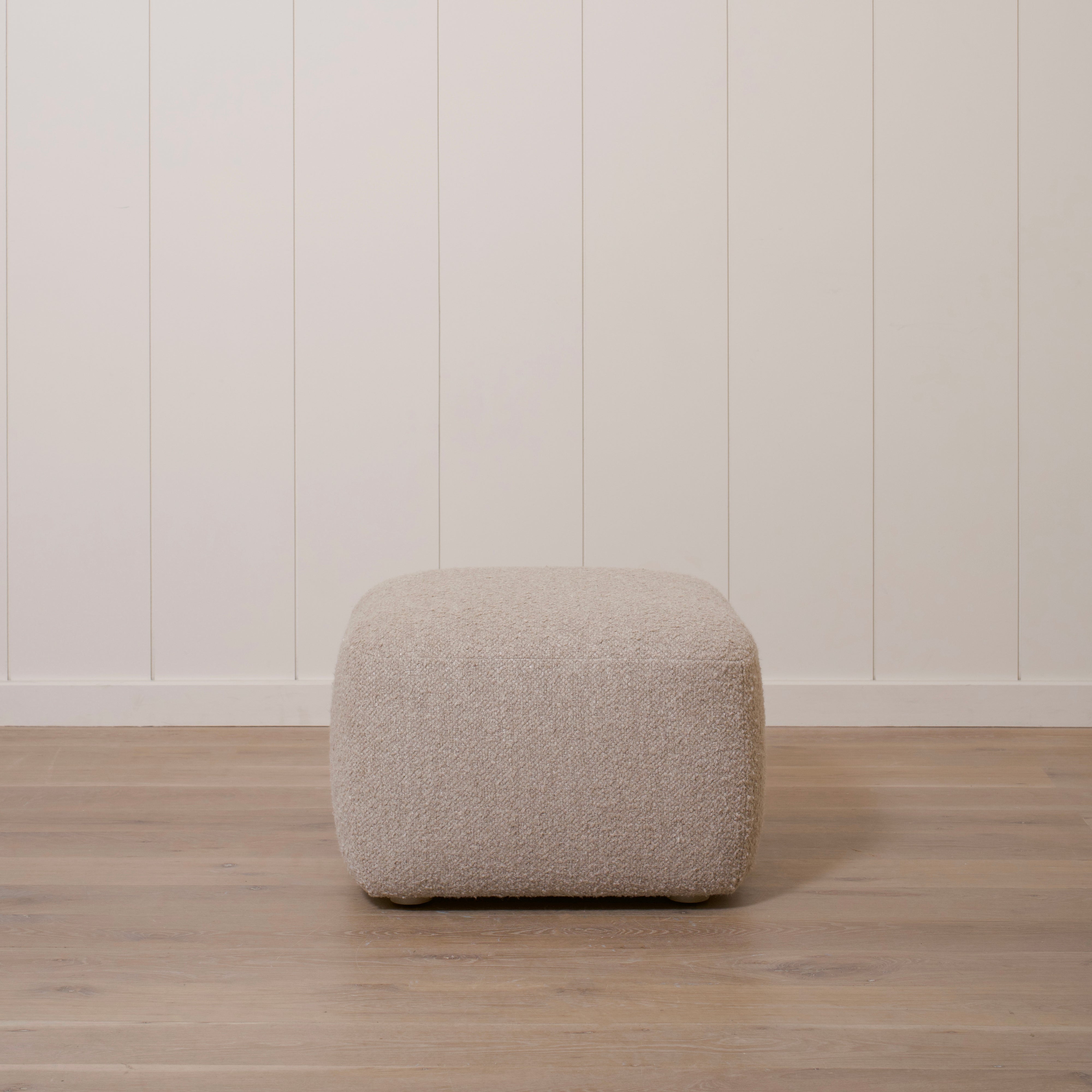 As Shown: 26"L x 26"D x 18"H | Fabric: Berber Taupe | Material: Solid & Engineered Oak | Finish: Sand
