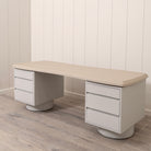 As Shown: Beach White (Top) in Engineered Oak with a Bevel detail, Plaster Limestone (Base) in Revere Pewter