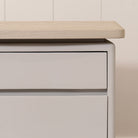 As Shown: Beach White (Top) in Engineered Oak with a Bevel detail, Plaster Limestone (Base) in Revere Pewter