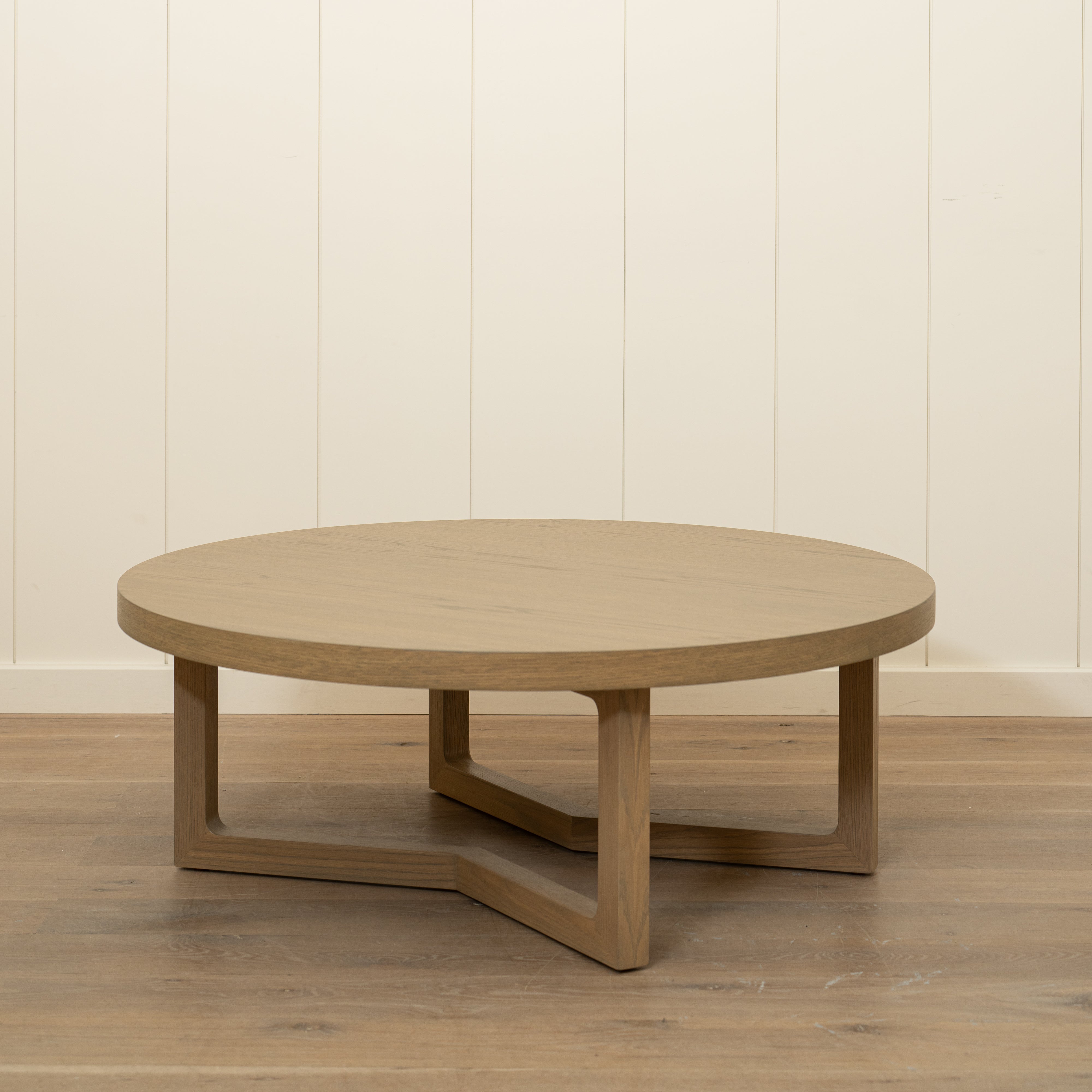 As Shown: 48"Dia x 17"H | Material: Solid  & engineered Oak | Finish: Hazel