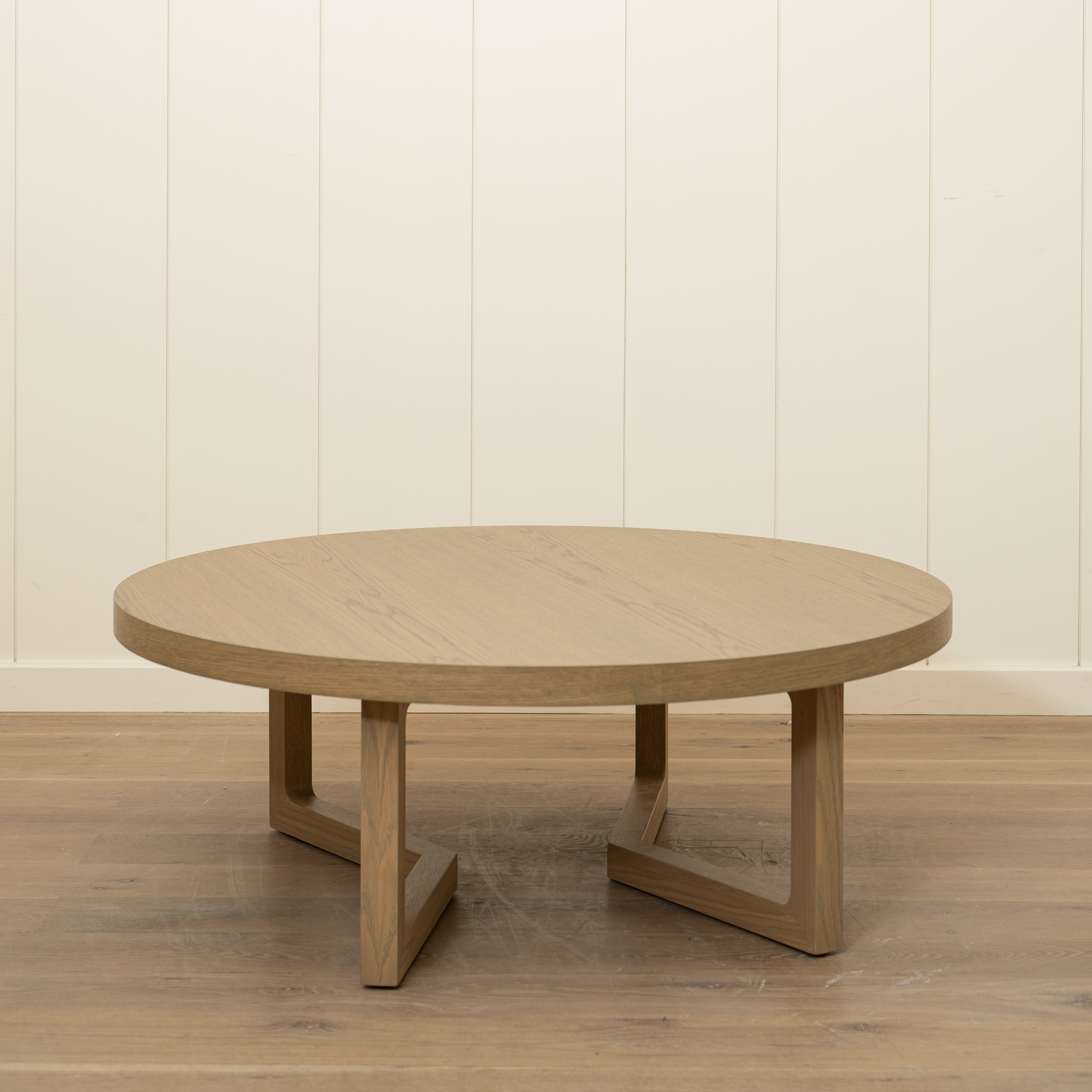 As Shown: 48"Dia x 17"H | Material: Solid  & engineered Oak | Finish: Hazel