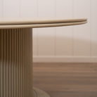 As Shown: 58"Dia x 30"H | Material: Solid Oak | Edge: Double Bullnosed | Base: Reeded  | Finish: Sand