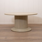 As Shown: 58"Dia x 30"H | Material: Solid Oak | Edge: Double Bullnosed | Base: Reeded  | Finish: Sand