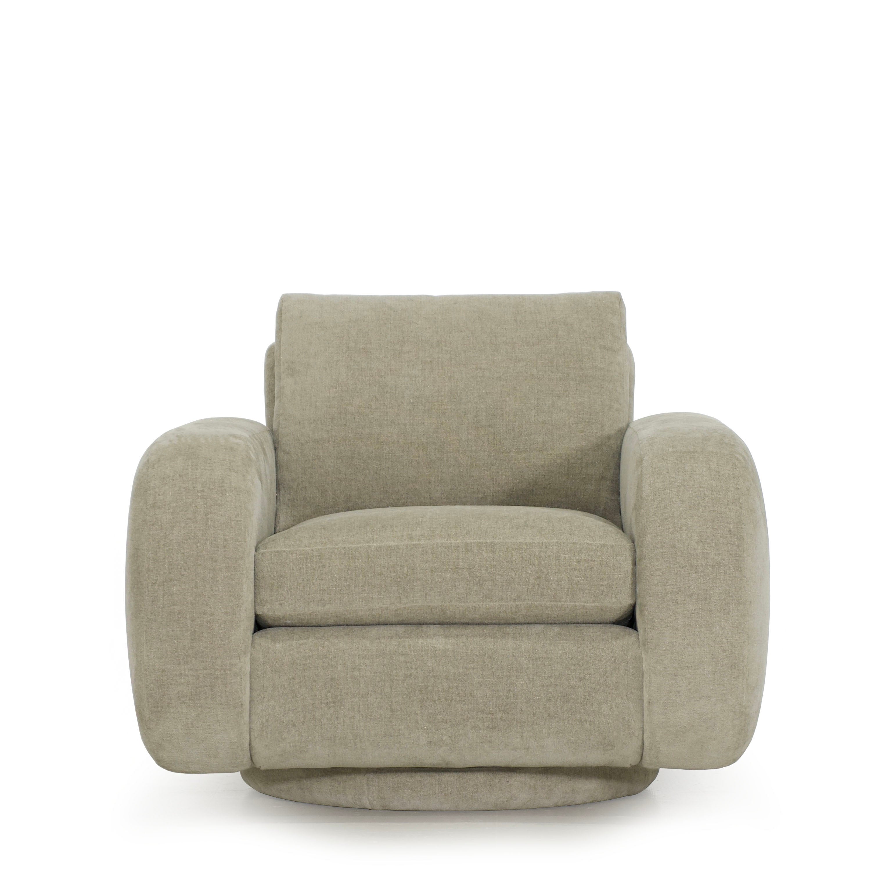 As Shown: in Bellamy Moss, upholstered base, swivel.