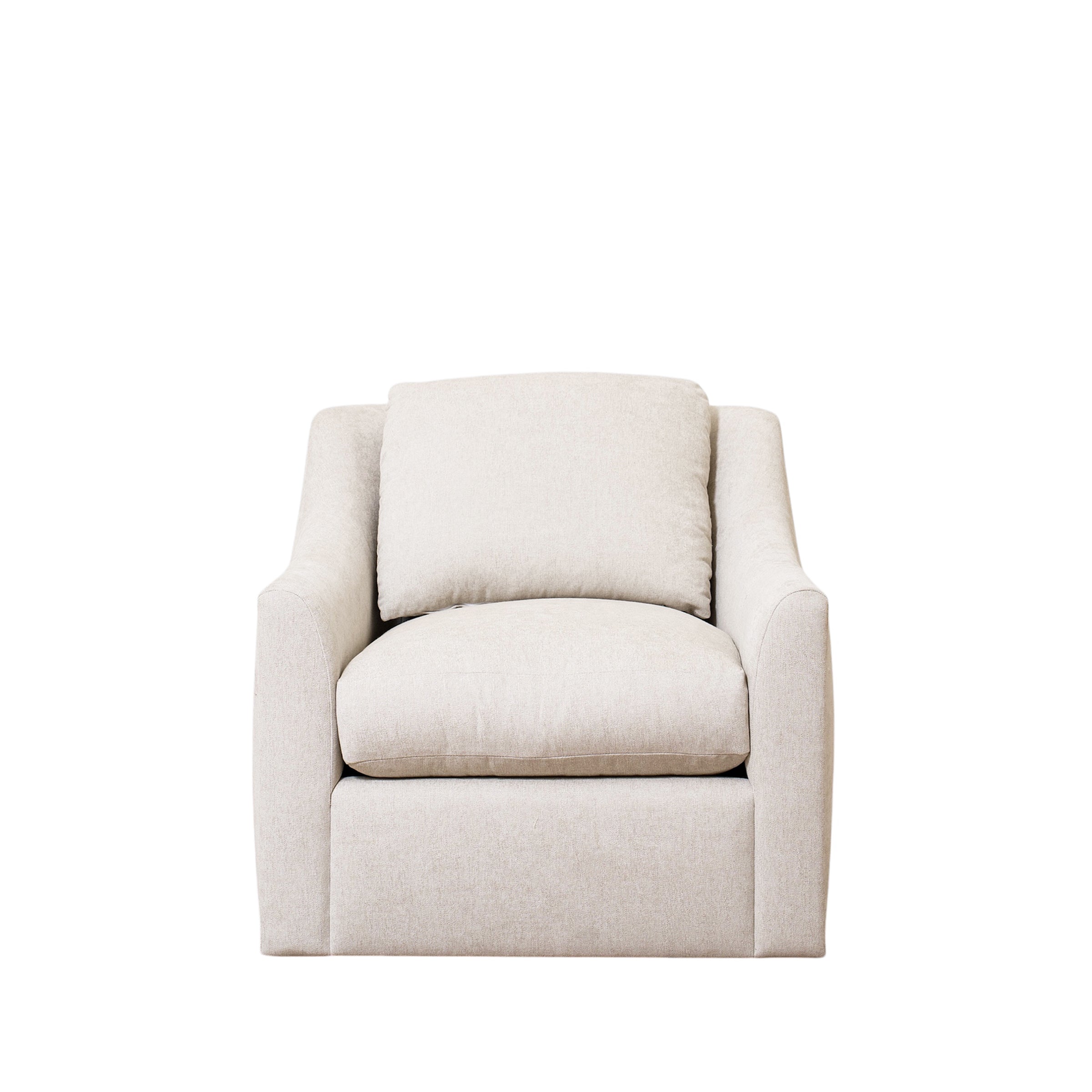 As Shown: Upholstered in Marion Natural, swivel.