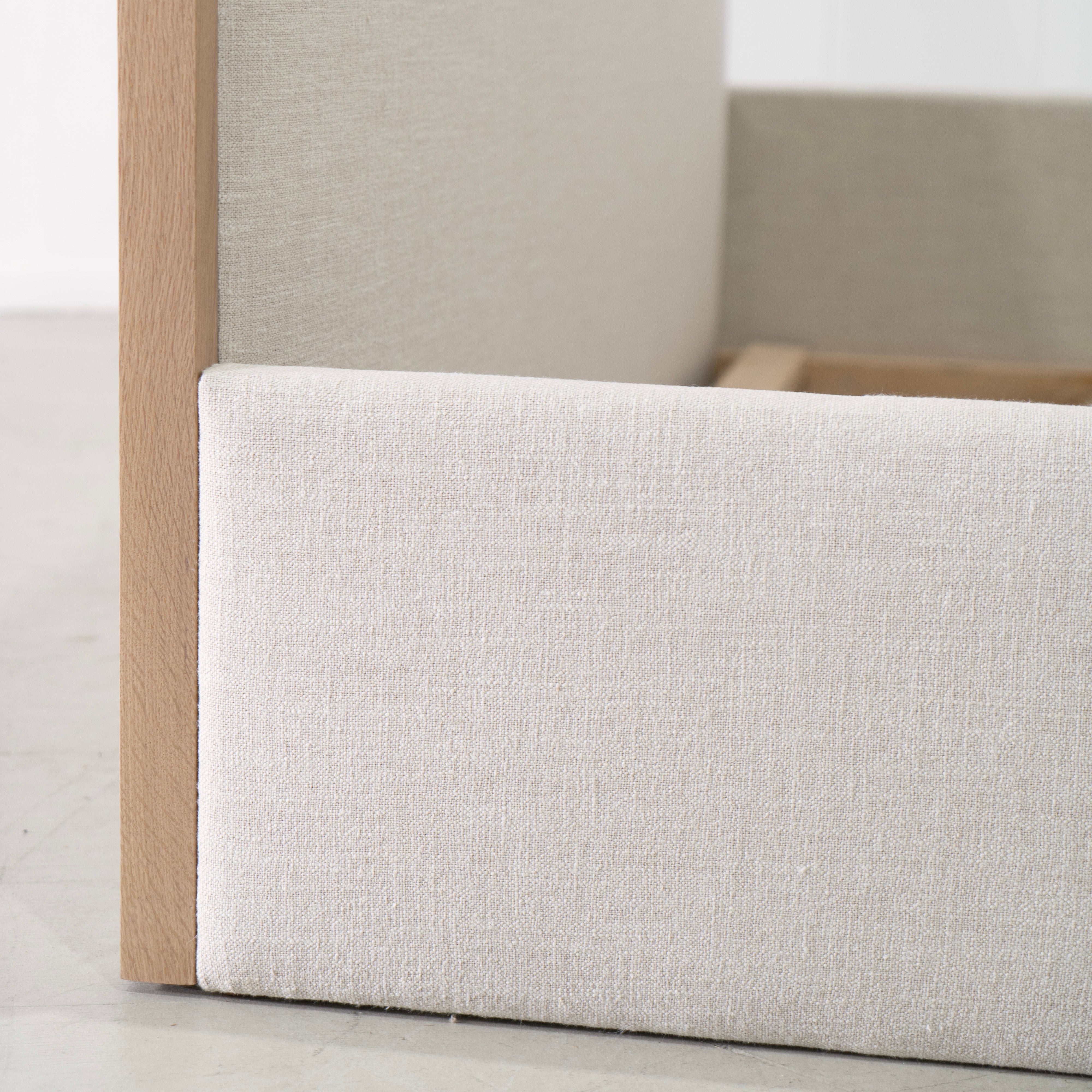 As Shown: in Belgian Oatmeal, oak finished in Mint White Natural.