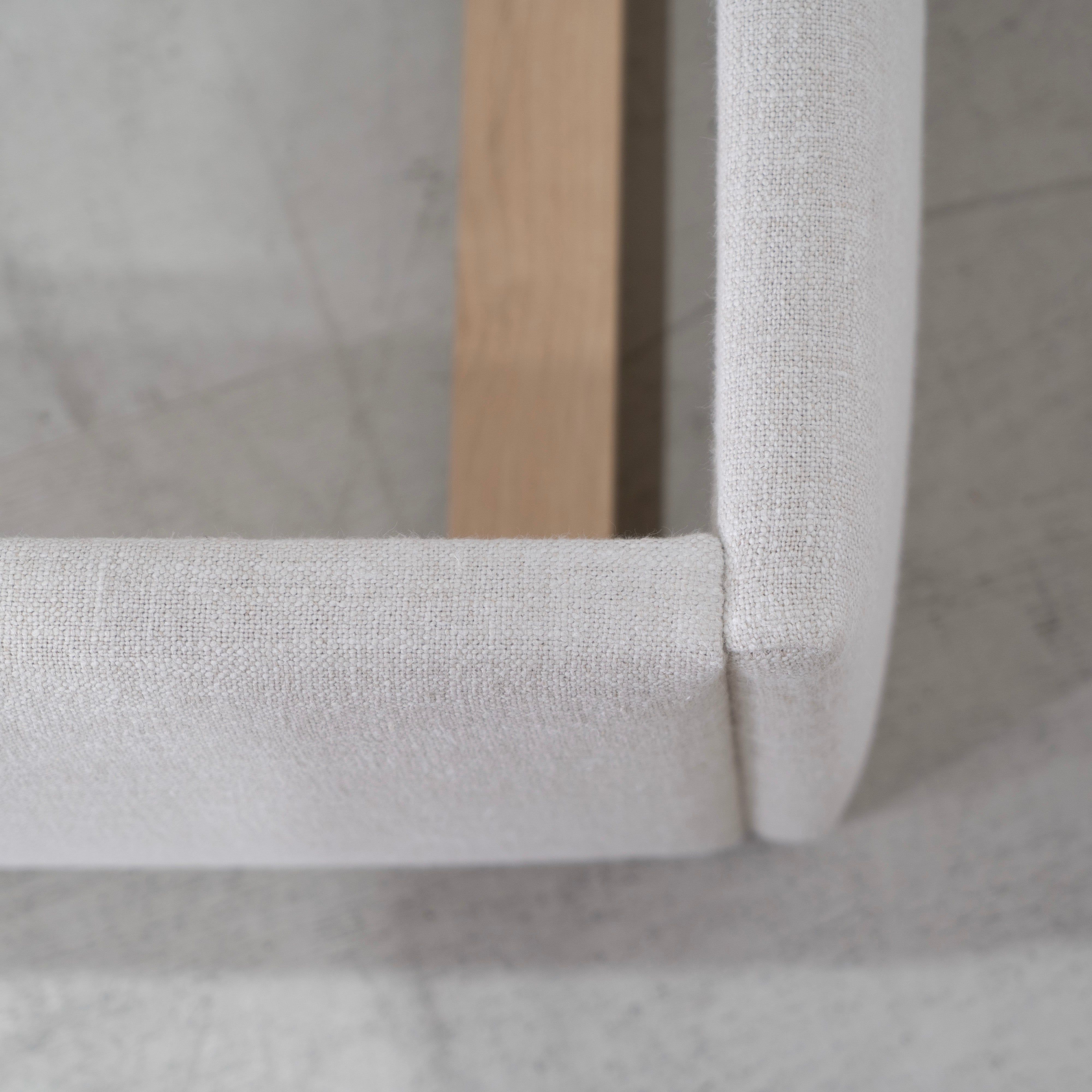 As Shown: in Belgian Oatmeal, oak finished in Mint White Natural.