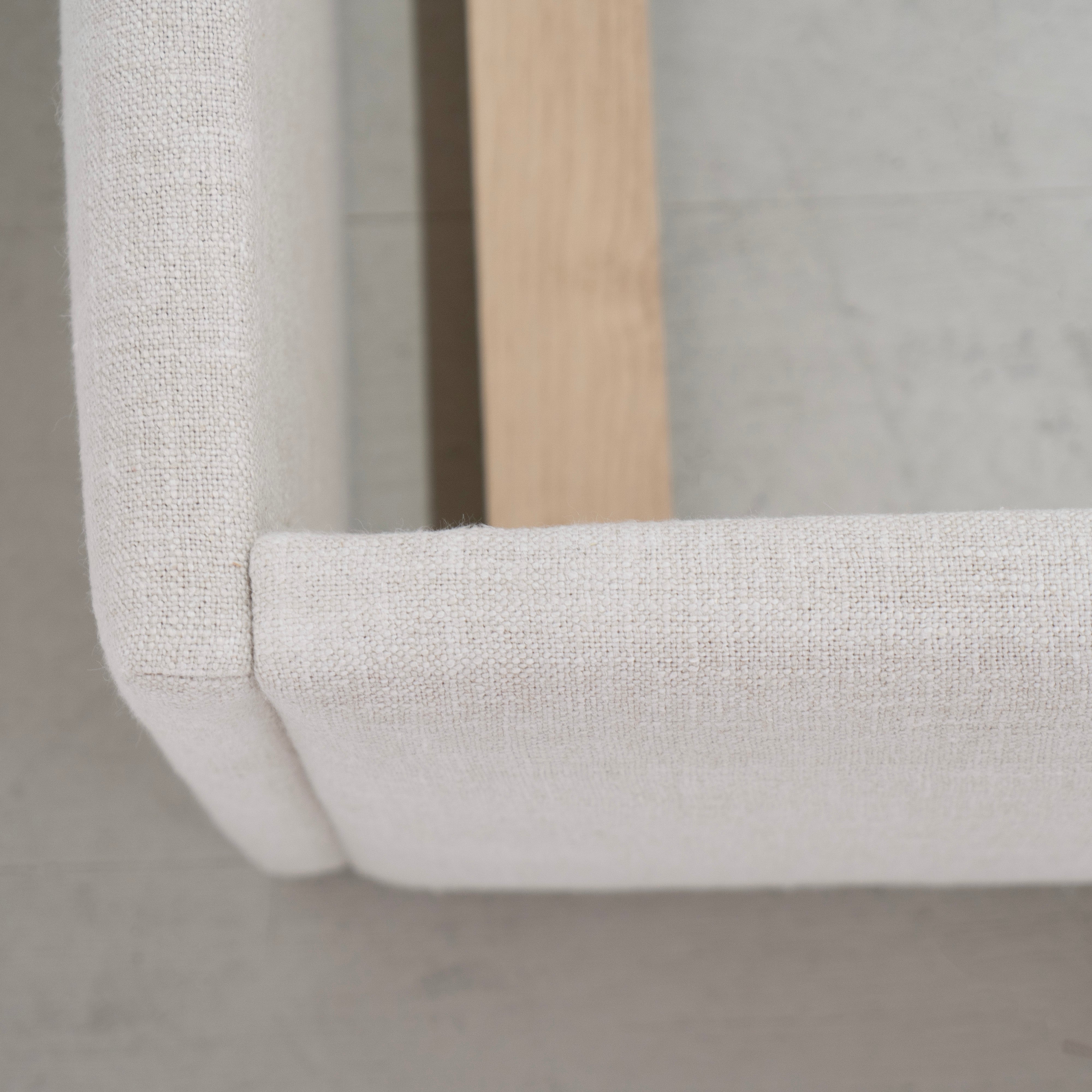 As Shown: in Belgian Oatmeal, oak finished in Mint White Natural.