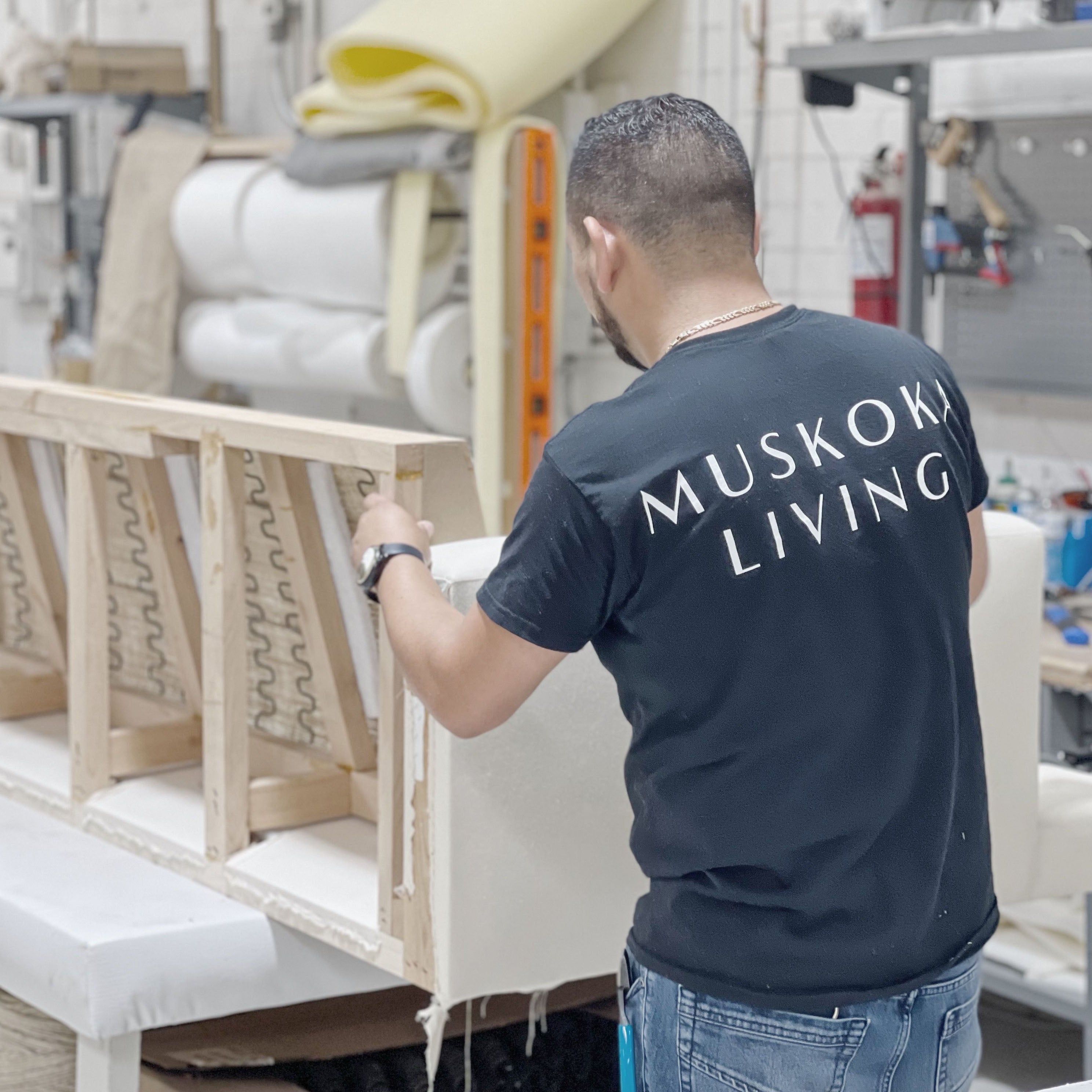 As Shown: Medium, Upholstered in Belgian Oatmeal with legs finished in Mint White Natural.