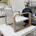 As Shown: in Dusty Beige Shearling, Nora snow frame and Mint White Natural oak.