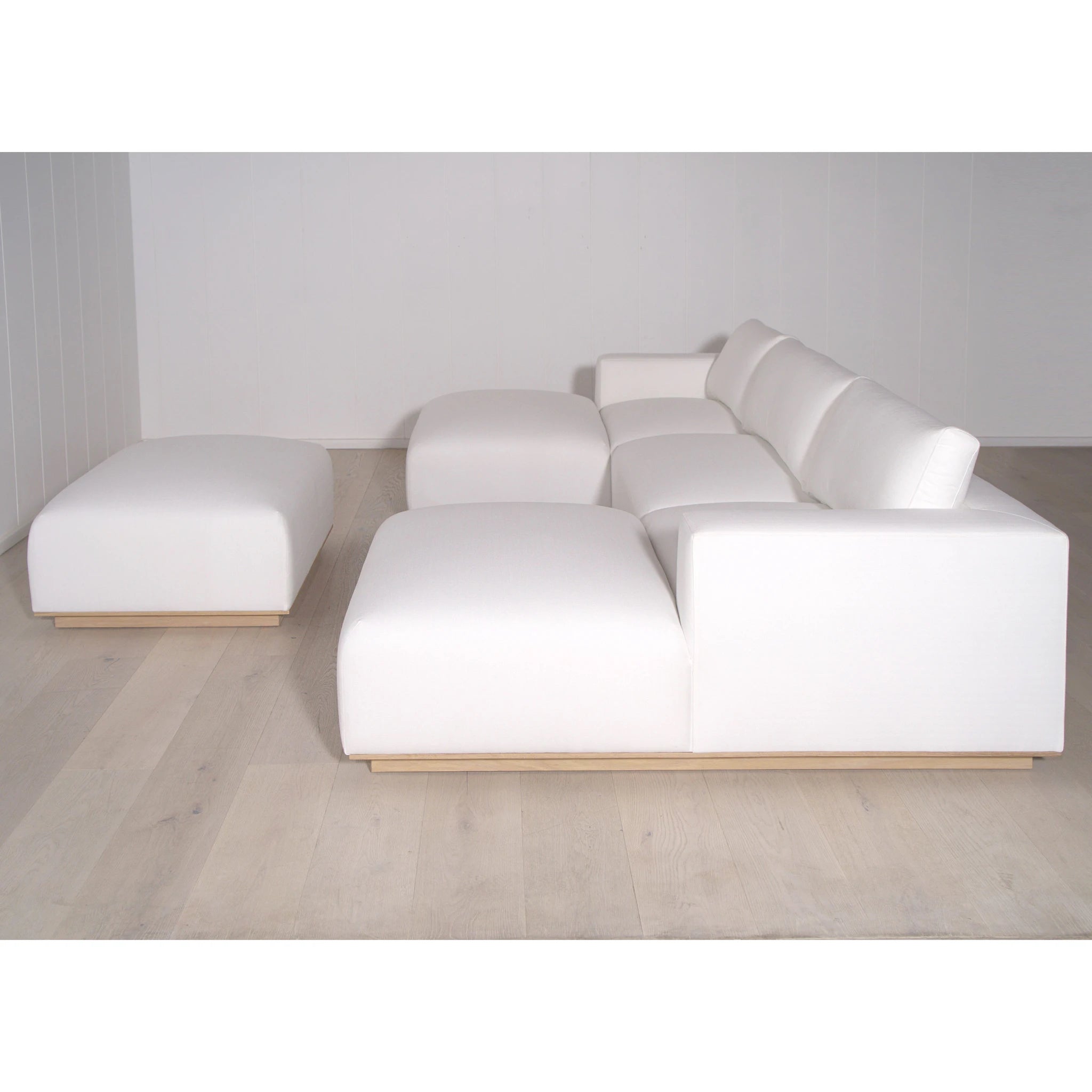 As Shown: in custom fabric. Oak finished in Mint White Natural.