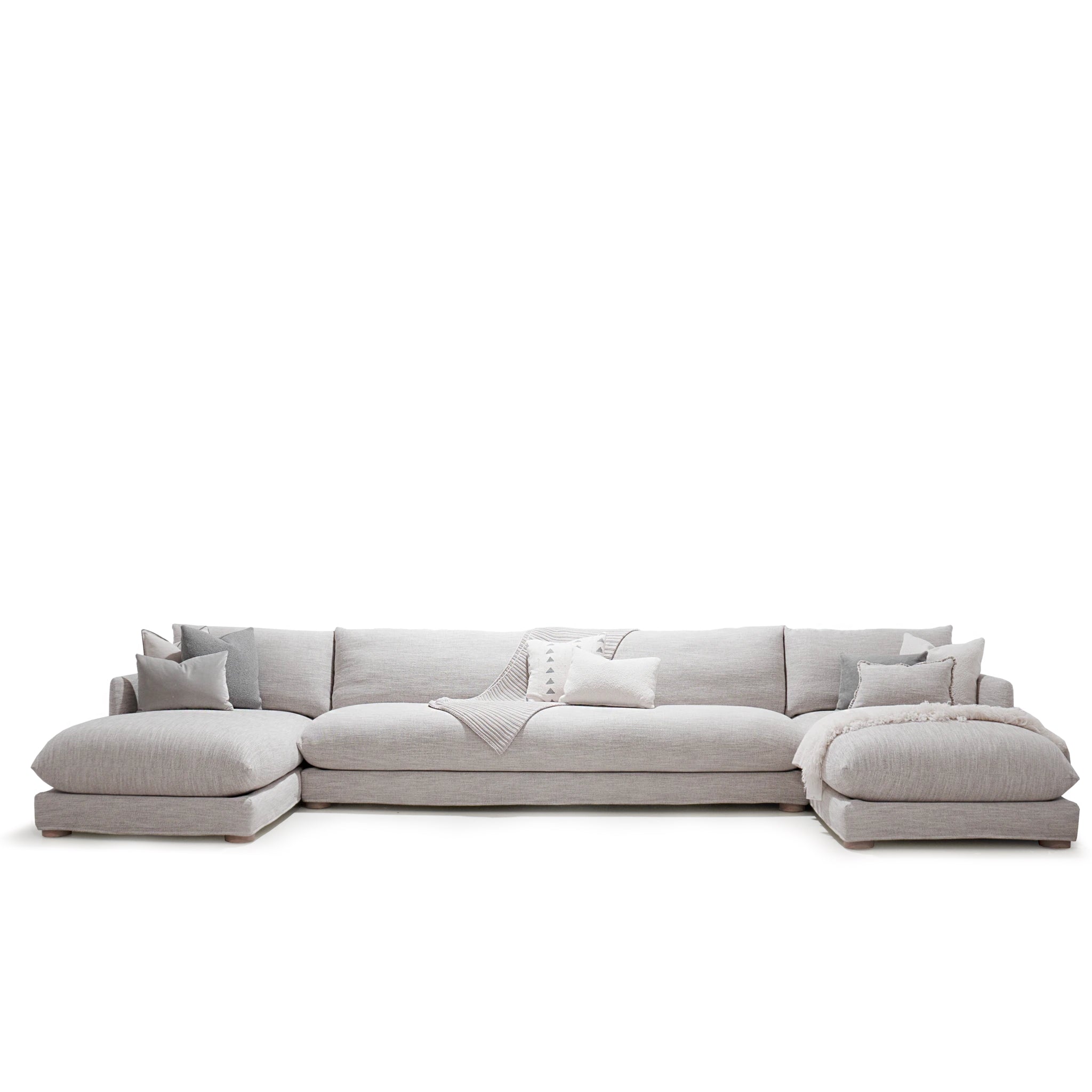As Shown: in slipcovered Belgian Mulberry. And custom size, Belgian Fog.