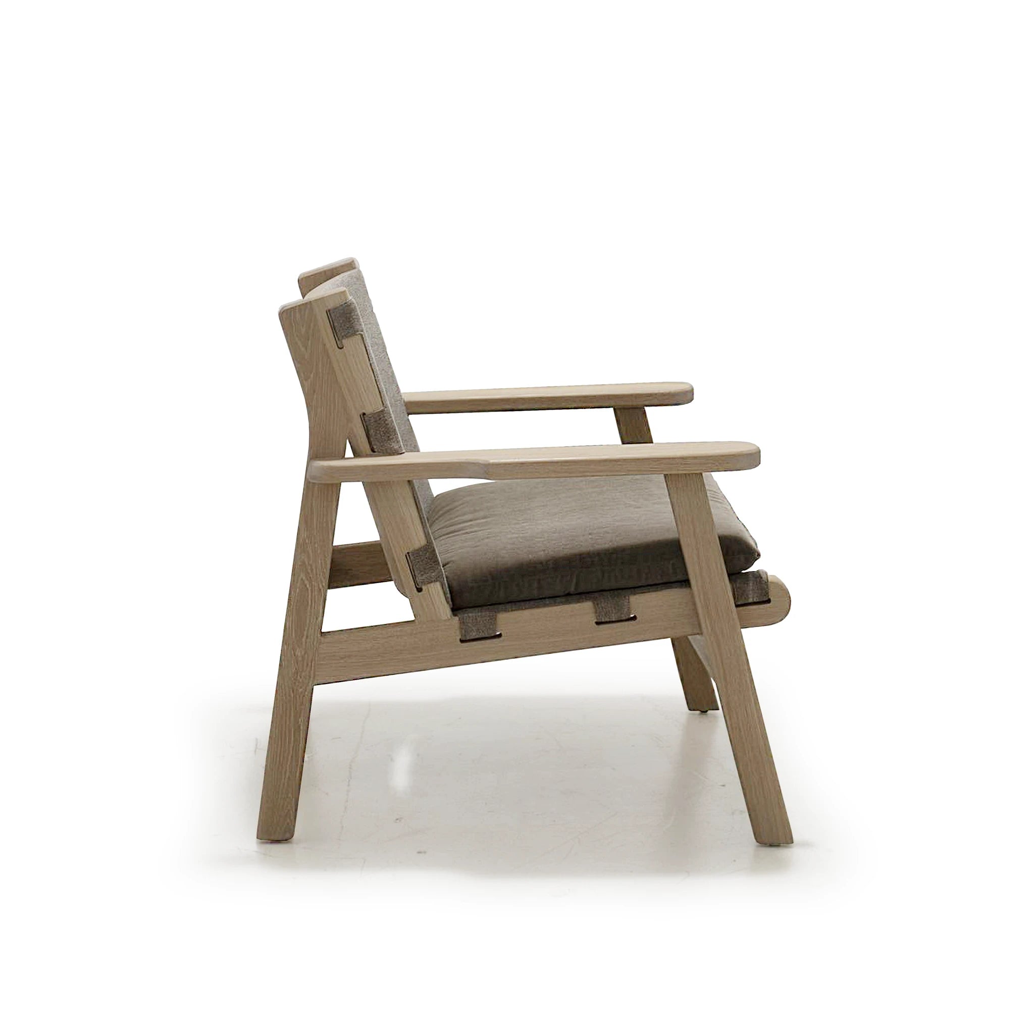 As Shown: in COM and Sky Taupe cushion.Oak finished in Mint White Natural.