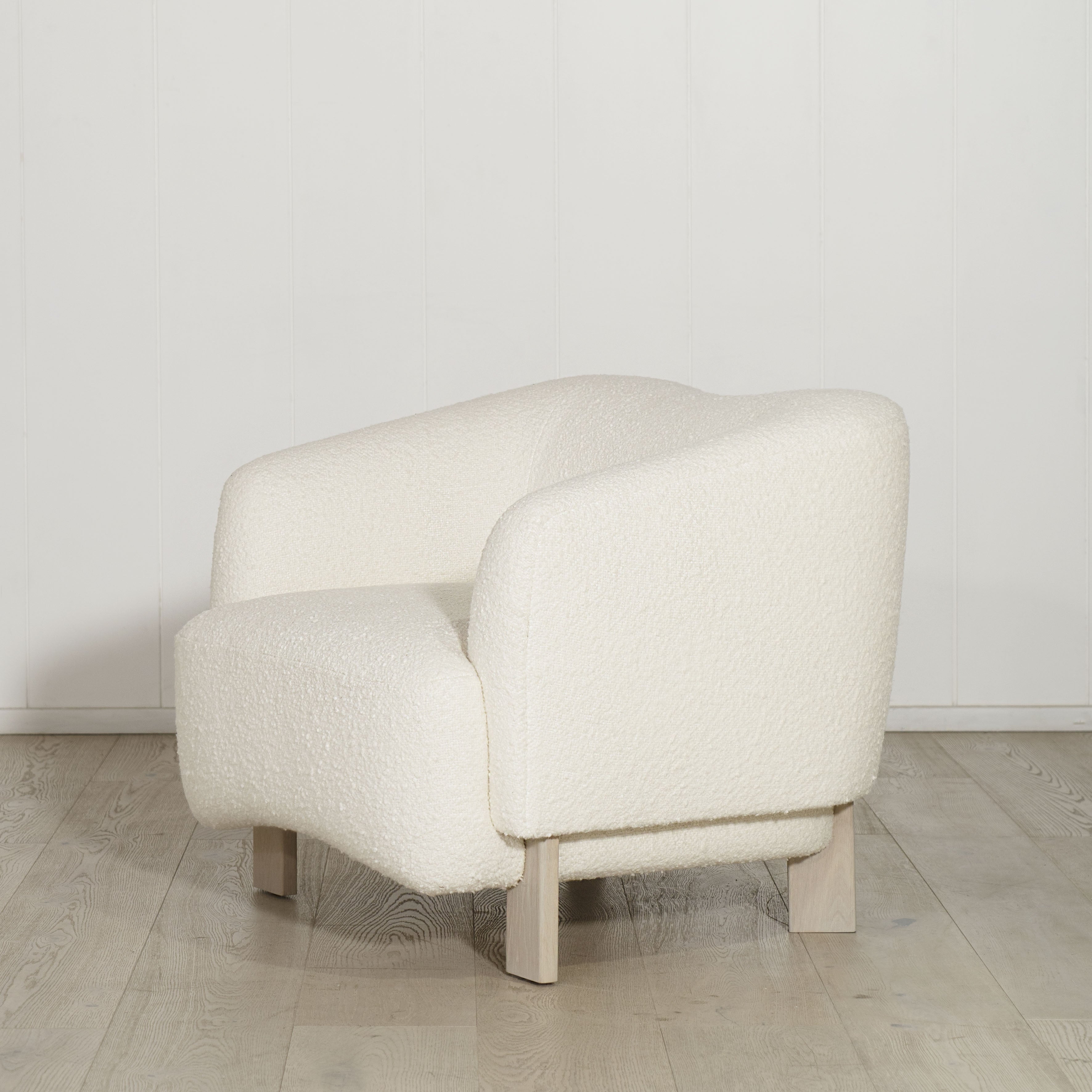 As Shown: in Berber White. Oak legs finished in Mint White Super White