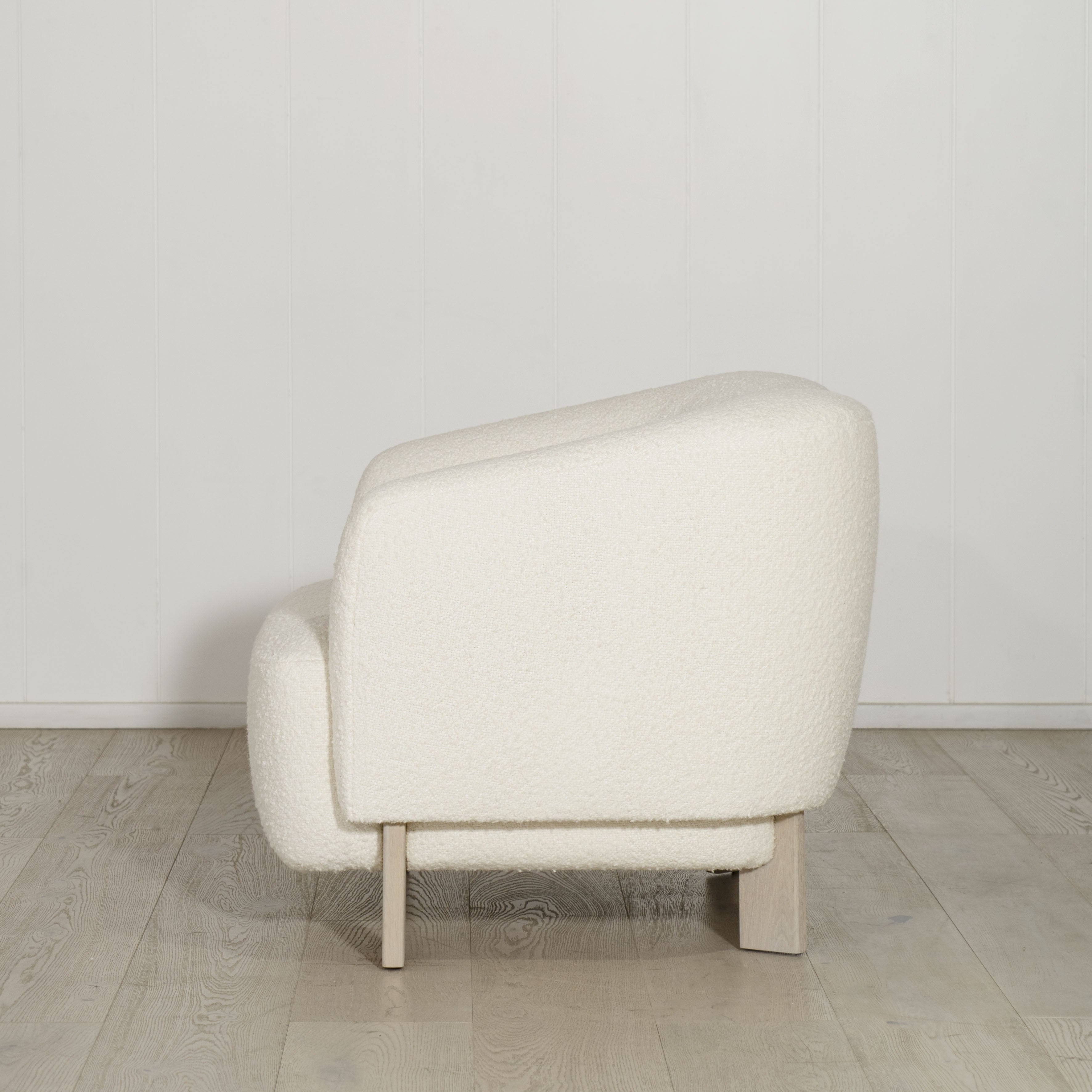 As Shown: in Berber White. Oak legs finished in Mint White Super White